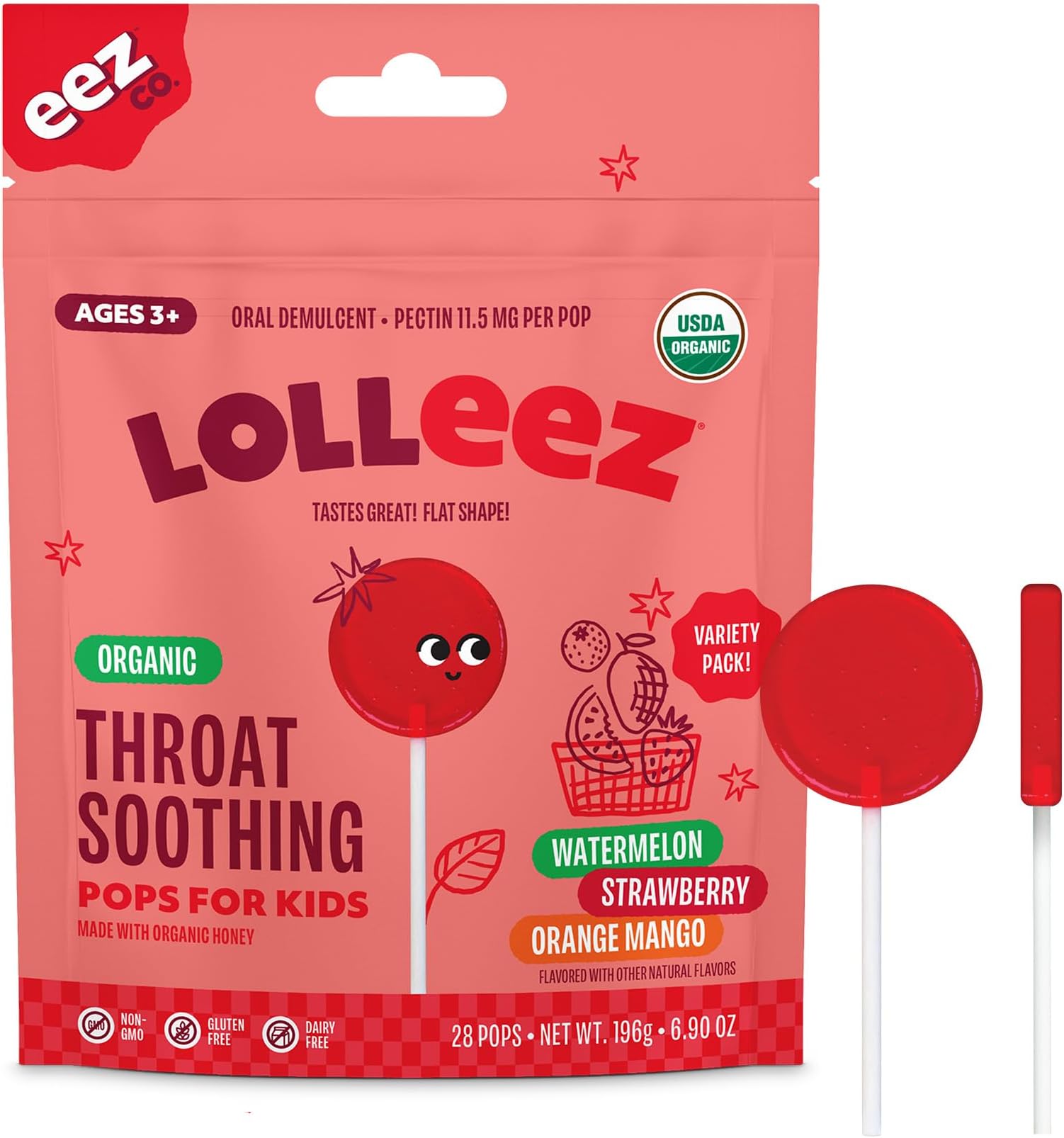 Organic Lollipops for Kids Sore Throat Relief, Variety Pack Perfect for Soothing A Sore Throat While Tasting Great, Strawberry, Watermelon & Orange Mango, 28 Count