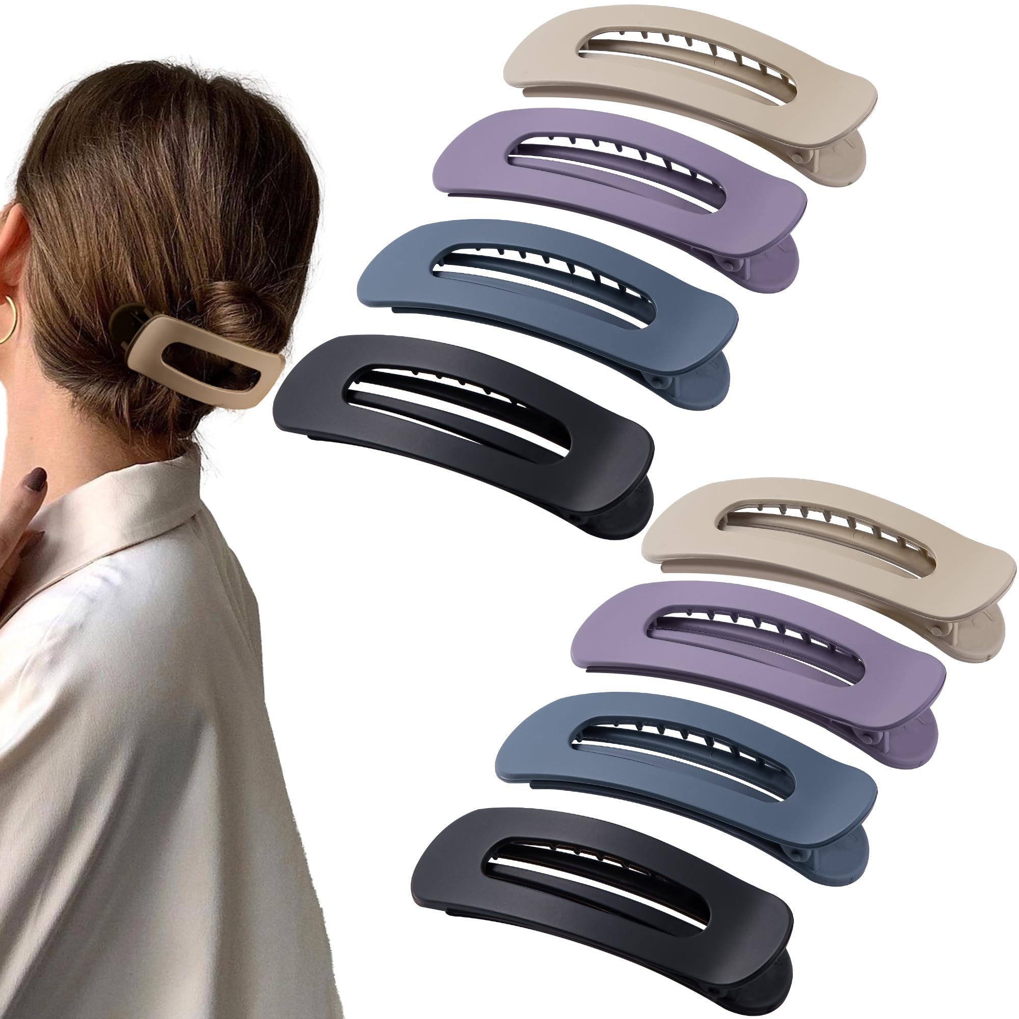 Cptots 8 Pcs Large Lay Flat Claw Clips for Women French Side Slide Barrettes for Thin Fine Hair Rectangle Alligator Hair Accessories,Matte Khaki Purple Blue Black