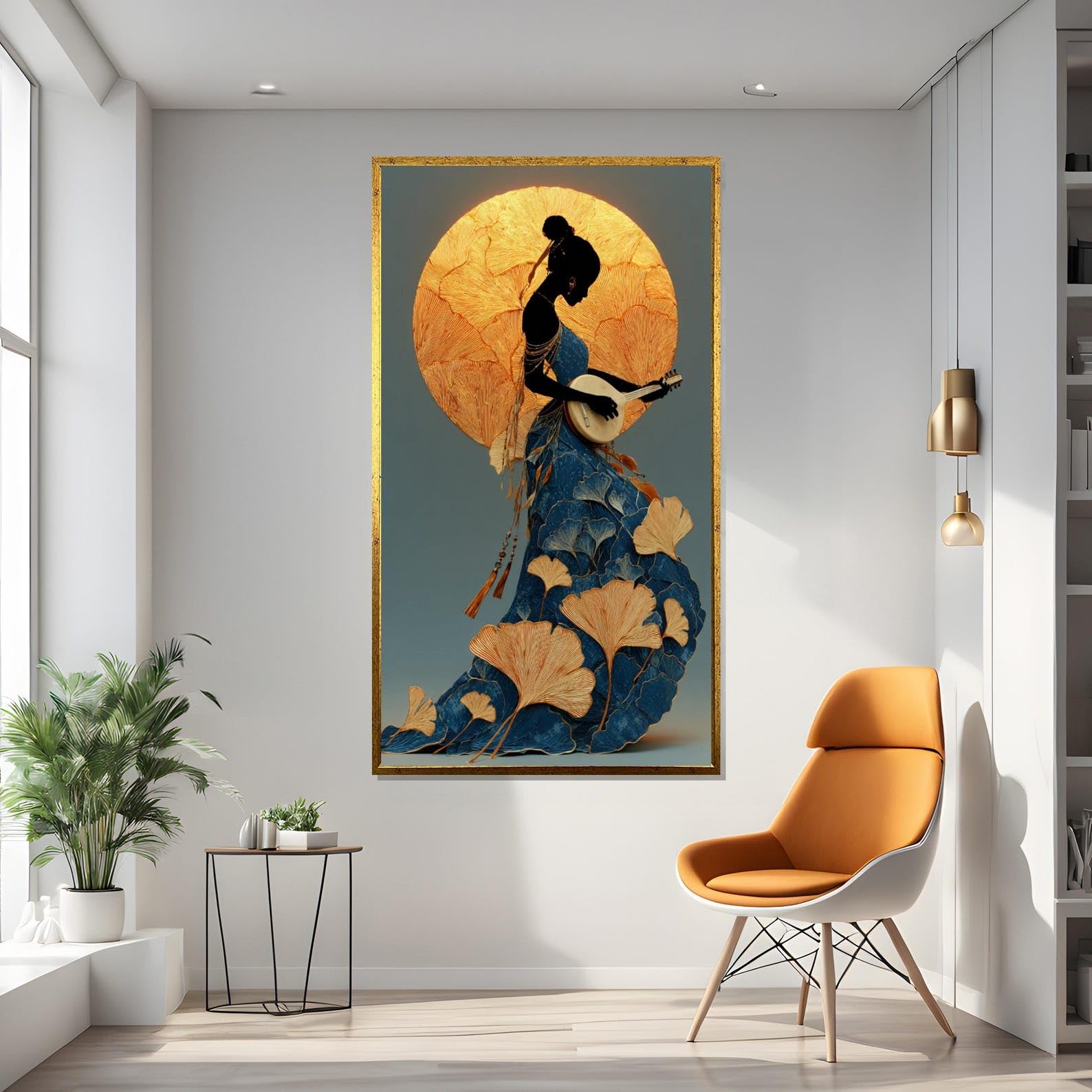 TONGYINLI Elegancki muzyk płótno plakaty i druki kobieta banjo złota aura sztuka ścienna do salonu dekoracja domu (45 x 80 cm / rama wewnętrzna)