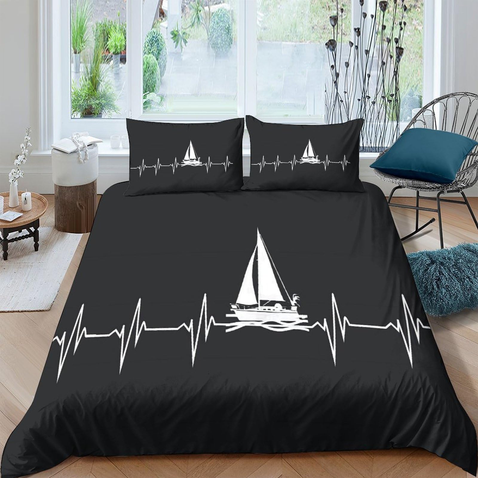 Ctjqhvkz Style-4 3D Printed Black Sailboat Heartbeat Fitted Sheet Microfiber Soft Mattress Cover Adult Teen Bedroom Decor Single（135X200cm）