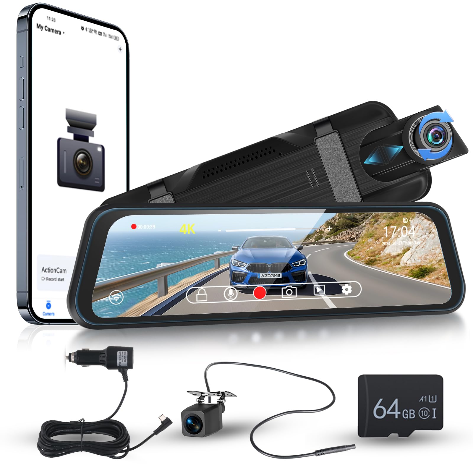9.66‘’ 4K+1080P Dashcam Rétroviseur Wi-FI et Contrôle par Application,Carte TF 64 Go, Détection de Gravité, Surveillance du Stationnement, Assistance à la Marche Arrière, Enregistrement en Boucle