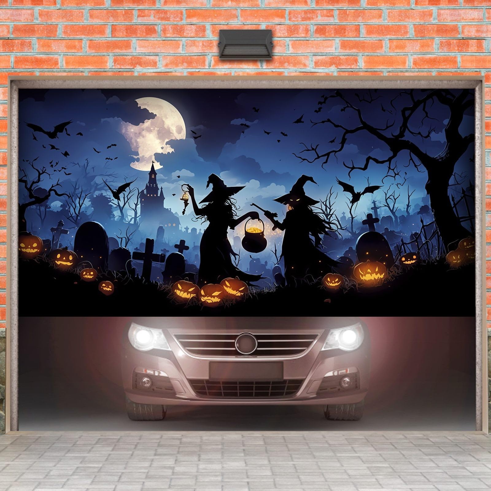 Letrero de Halloween para puerta de garaje para exteriores, escena grande con murciélagos y fiesta de vacaciones