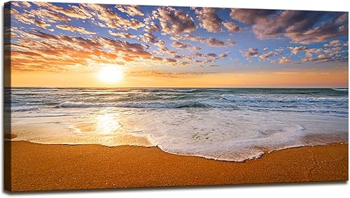 DBLAKI DB3162 - Arte de pared de playa colorido océano playa amanecer impresiones en lienzo para sala de estar, paisaje marino de la ola del sol,