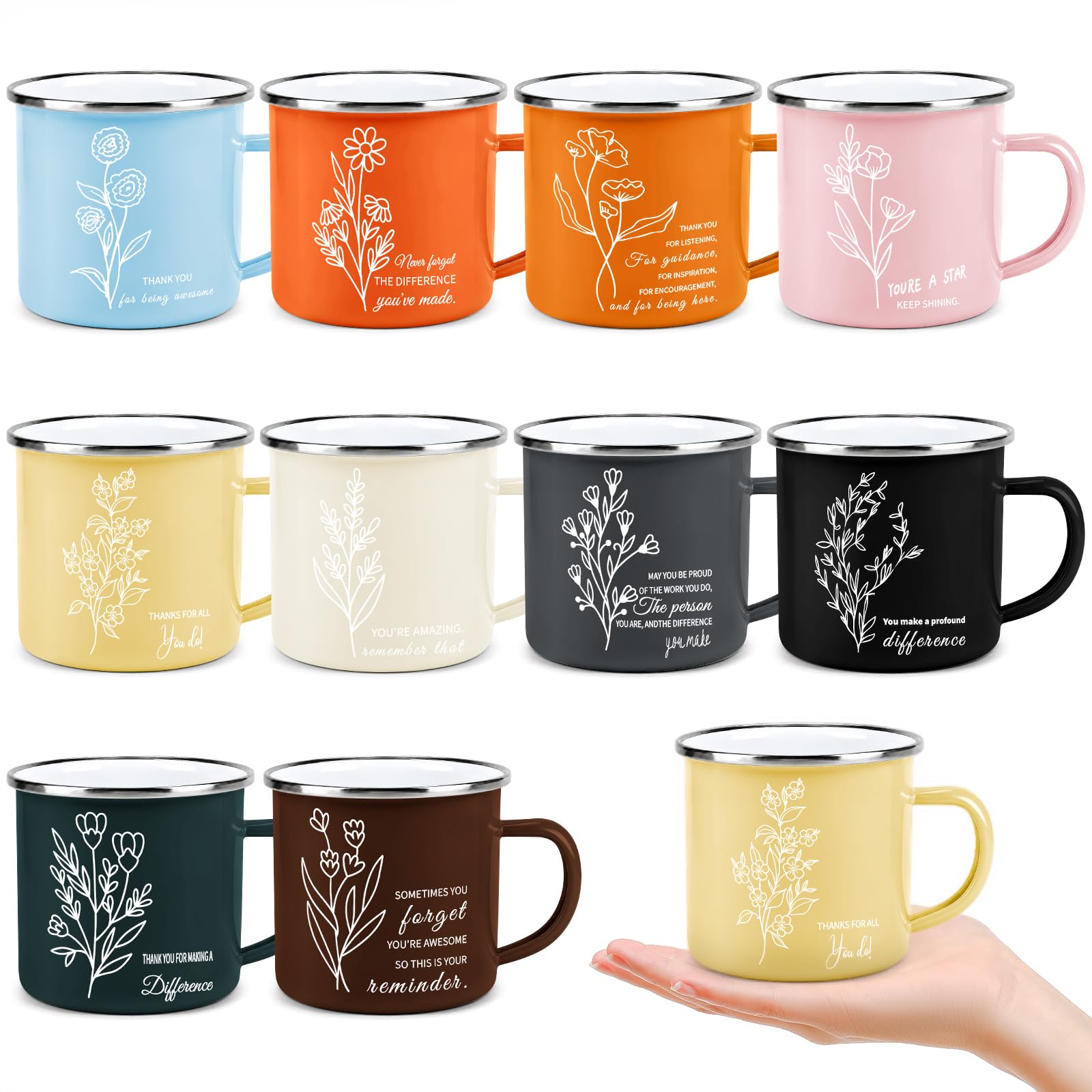 10er Set Bunte Emaille Tassen mit Blumenmuster 350ml für Camping