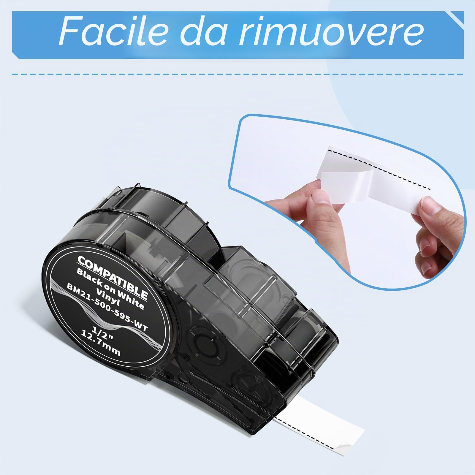 3x MarkField M21-500-595-WT Nastro per Etichettatrice | Compatibile con Vinile Etichettes Tutto il Tempo, Nero su Bianco, 12.7mm x 6.4m