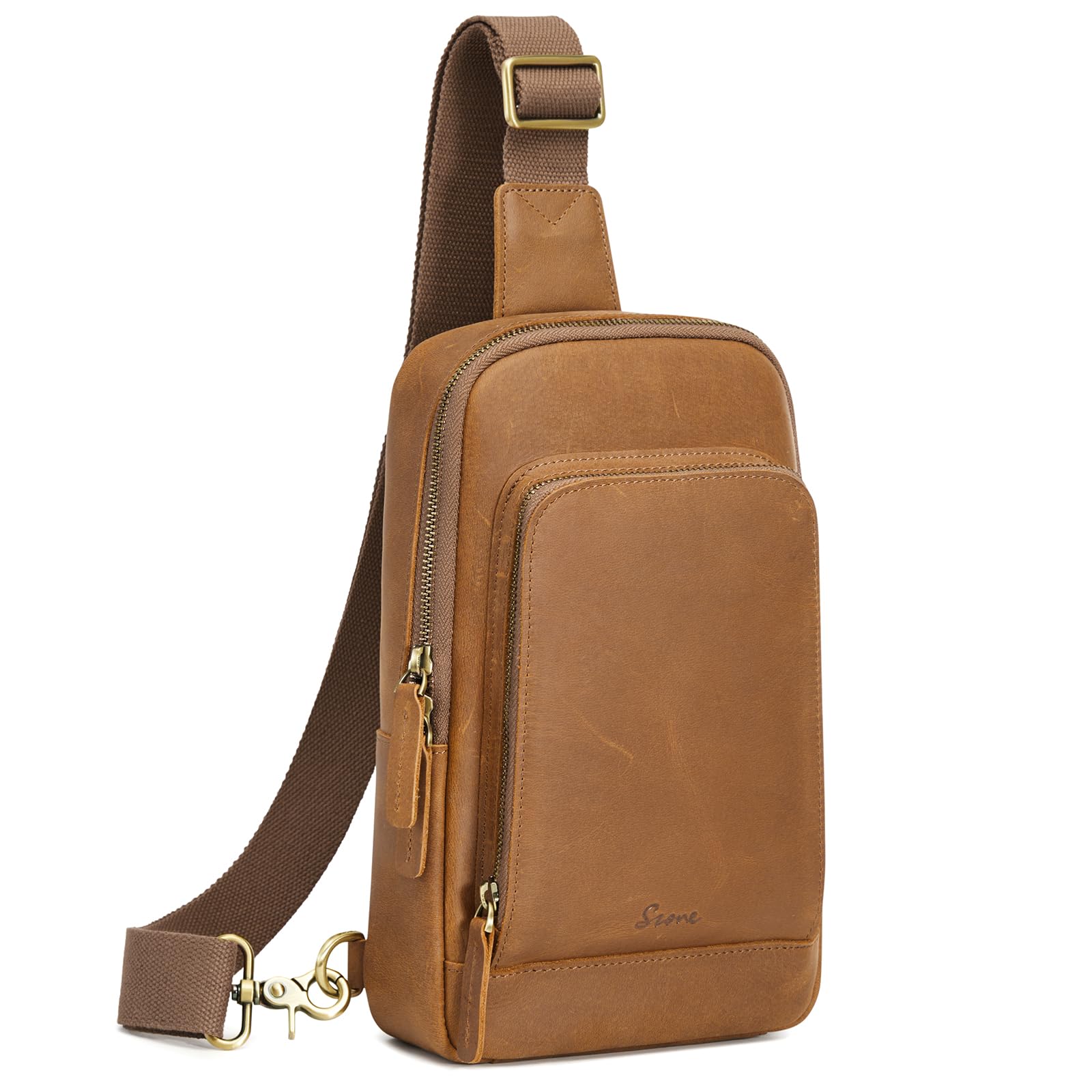 S-ZONESling Bag for Men Women RFID Blocking Top Grain Leather Crossbody Shoulder Bag Chest Hiking Daypack Travel