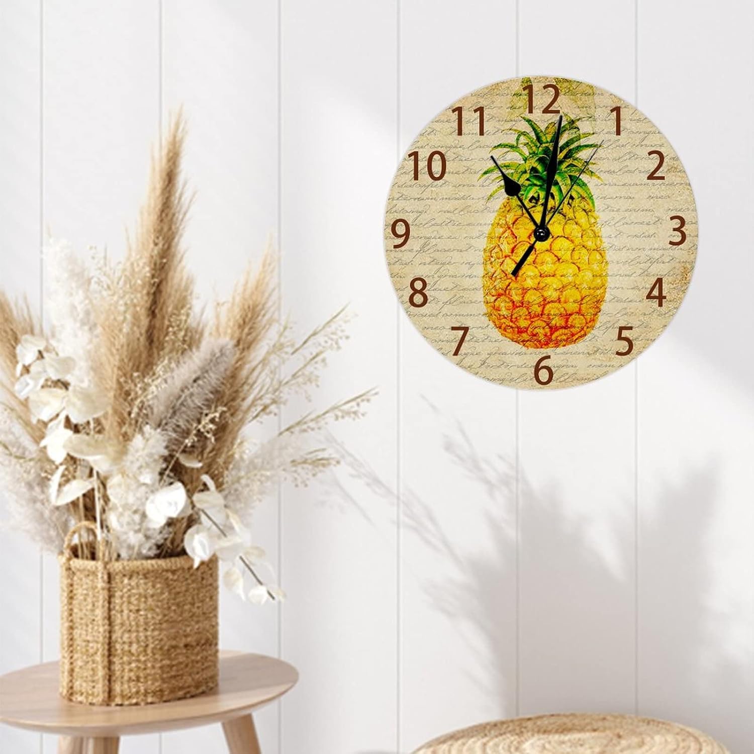 Funny Pineapple Wall Clock Battery Operated Silent Non Ticking Round Wooden Clock Rustic Country Kitchen Clock Summer Beach Theme Wall Decor for Home Bedroom Living Room 15 Inch