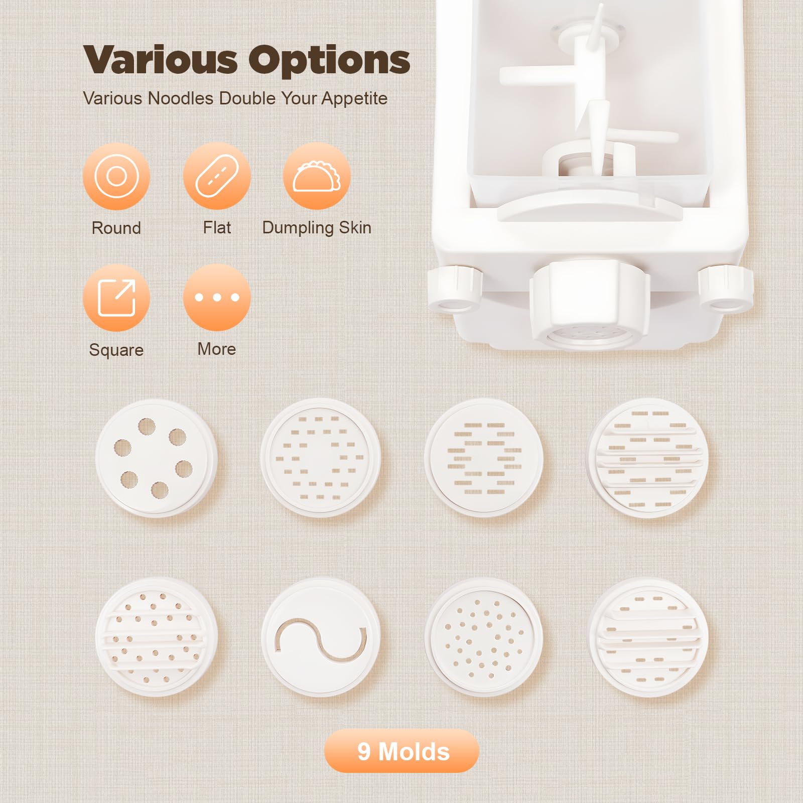 Macchina per pasta elettrica da 180 W, con 9 dischi, 33 x 20,5 x 28,5 cm, porta di riempimento indipendente, macchina per pasta multifunzione, per pasta, spaghetti, fettuccine e penne