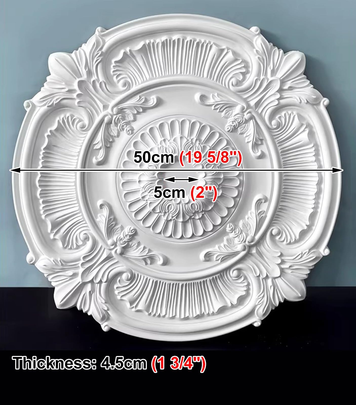 Rosone Decorativo da soffitto, Medaglione Floreale, Modanatura a Sospensione per lampadario, Copertura verniciabile, Diametro 40 cm