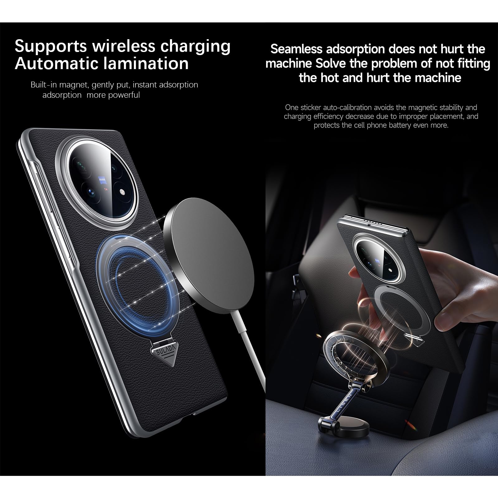 Kompatybilne z Vivo X Fold 5 etui Smart Clear View Case [kompatybilne z Mag-Safe] [z regulowanym stojakiem pierścieniowym] smukłe etui z klapką z prawdziwej skóry, ochronne, odporne na wstrząsy, dla