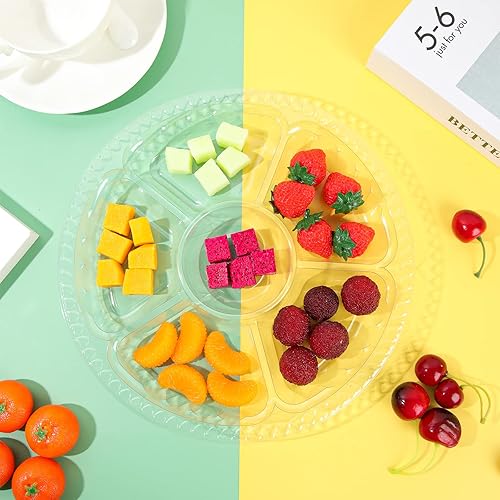 Miniatura 5 de Patelai 32 aperitivos redondos de plástico con tapa de 10 pulgadas para servir frutas vegetales plato de fiesta 6 compartimentos desechables para