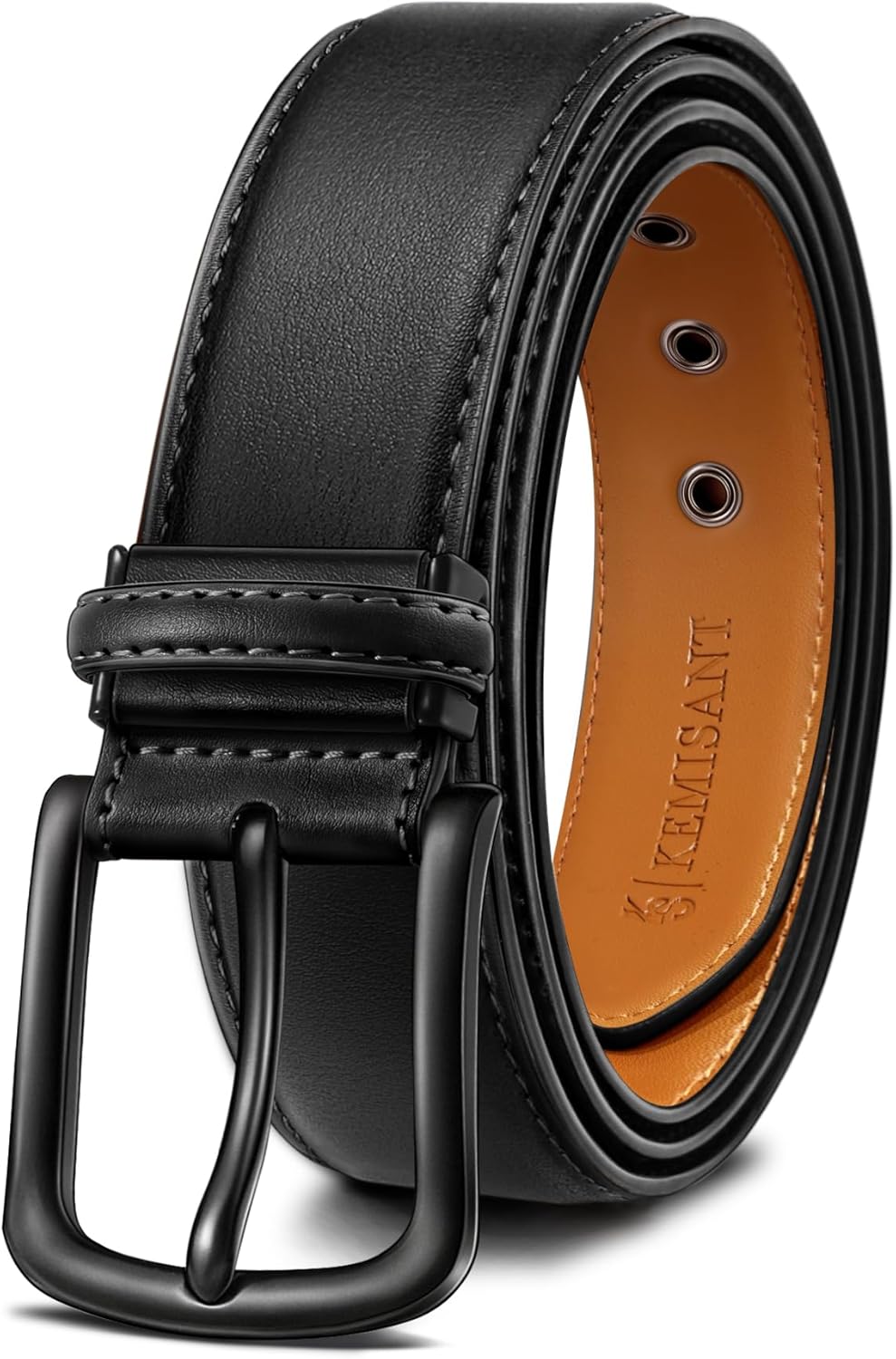 KEMISANT Men Leather Belt 7Holes Adjustable for Jean Casual Dress Golf 1 1/2"-Metal Hole Design-Cut For Fit