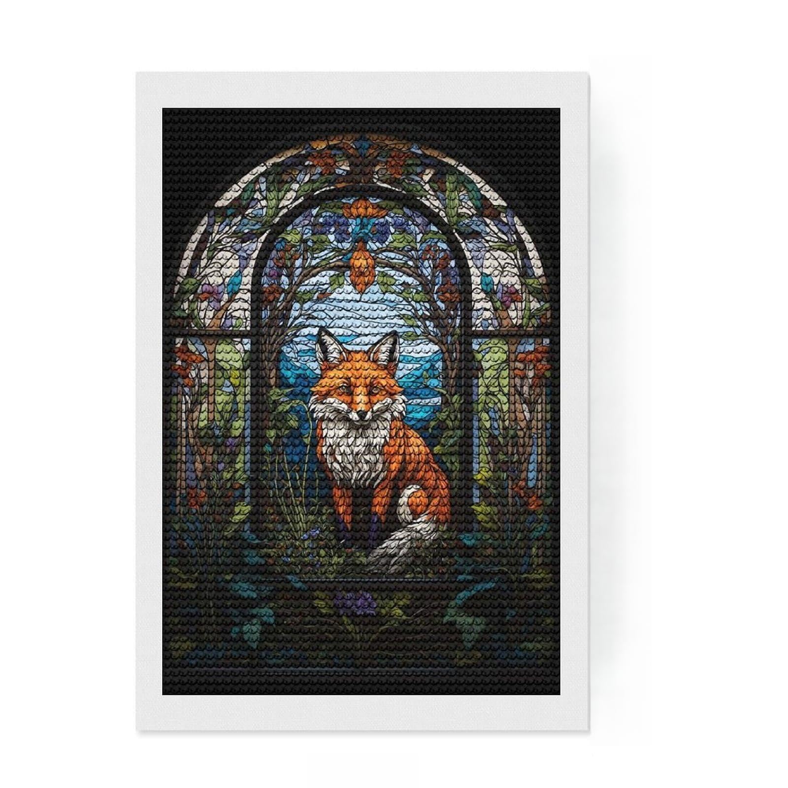Junmoney Fox Stained Glass 5D Diamond Painting Kit 8"x12", Round Gems, Aesthetic Room Decor, Seasonal Gift Choice, Gift Idea, Leisure Activity