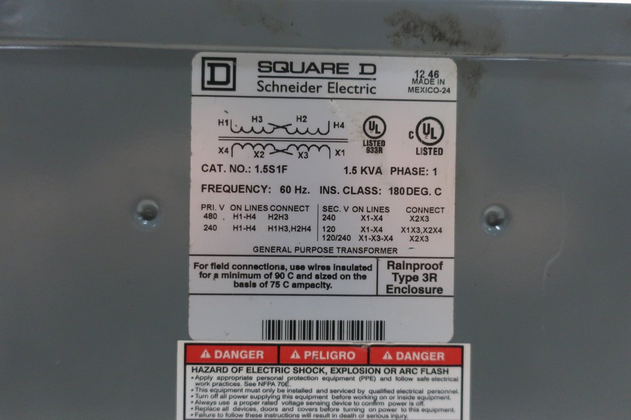 SQUARE D 1.5S1F 1PH 1.5KVA 240/480V-AC 120/240V-AC VOLTAGE TRANSFORMER D608055