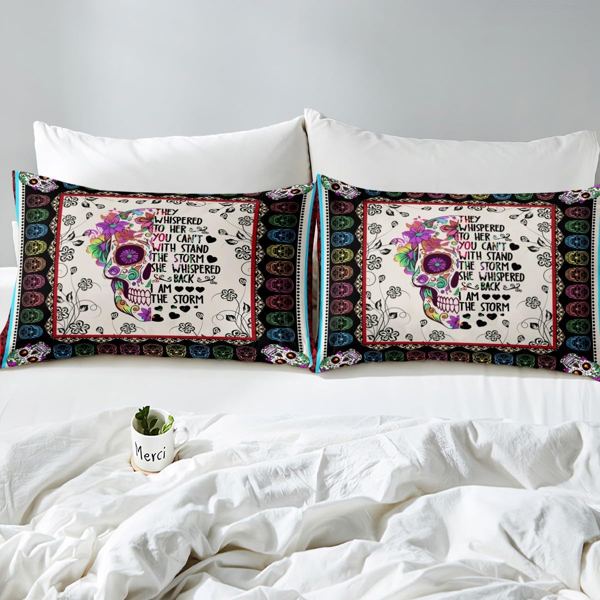 Bohemian Comforter Cover, Sugar Skull Flower Bedding Sets, Skeleton Floral Duvet Cover Set, With Inspirational Quote Pastoral Bedspreads Cover King Size 3 Pieces Bedroom Home Decor For Men And Women