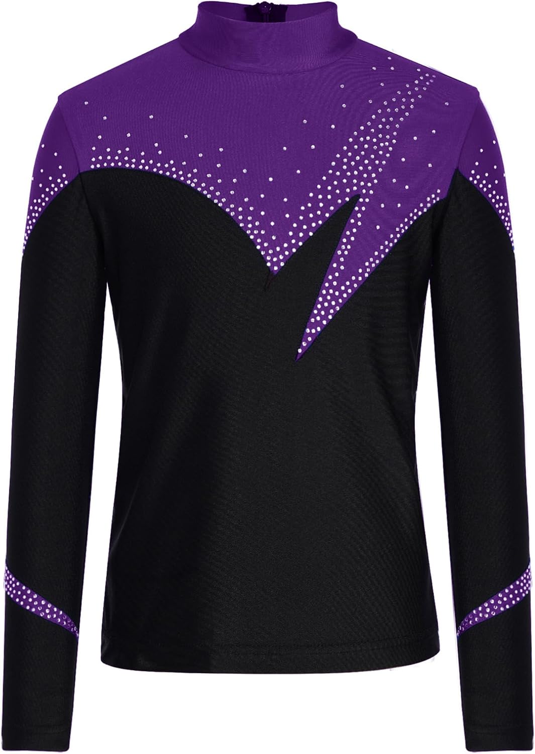 ranrann Kids Boys Long Sleeve Color Block Figure Skating Shirt Sparkle Rhinestones Training Practice Tee Top