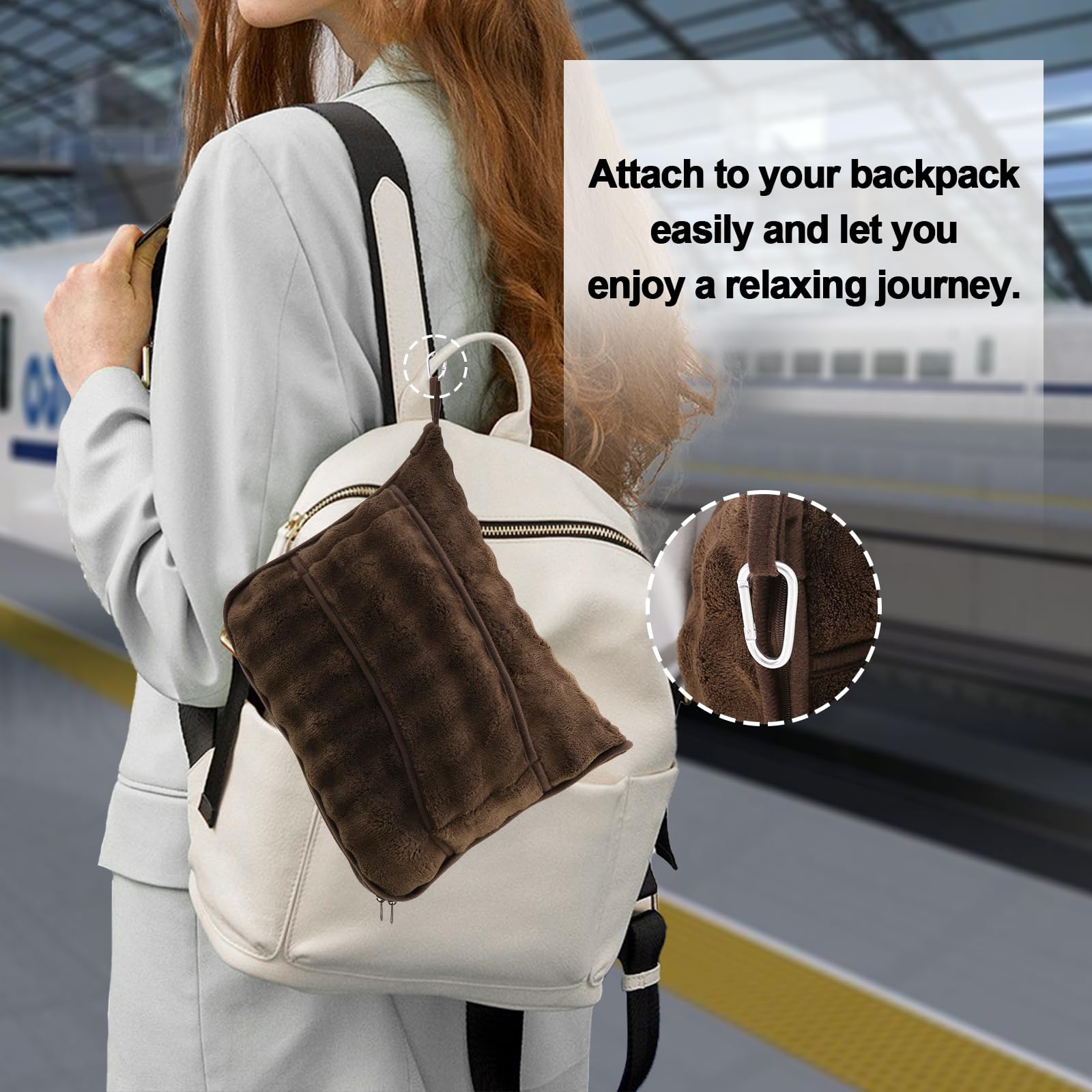 Manta de viaje para avión, tren y automóvil, manta de viaje suave o almohada 2 en 1, compacta con bolsa de almohada portátil, manta de vuelo con funda de equipaje y clip para mochila, marrón 5