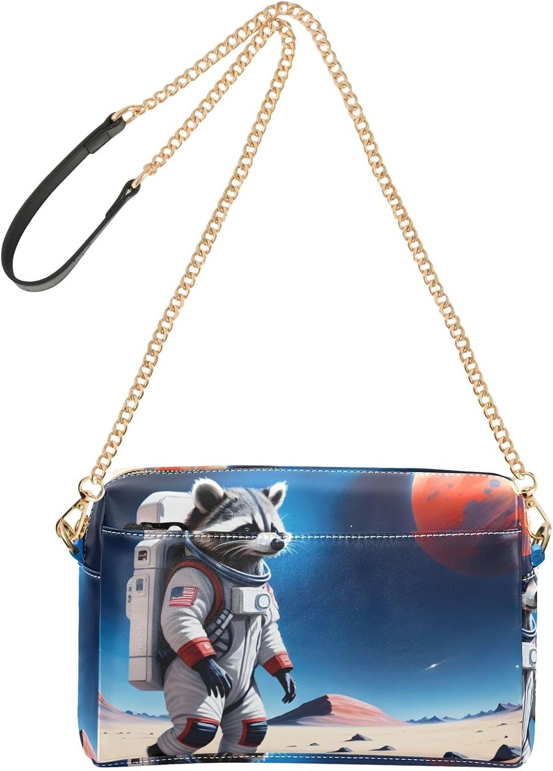 Raccoon Astronaut Women's PU Leather Crossbody Bag Shoulder Handbag Cellphone Purse with Metal Chain Strap Water Resistant Zipper Closure