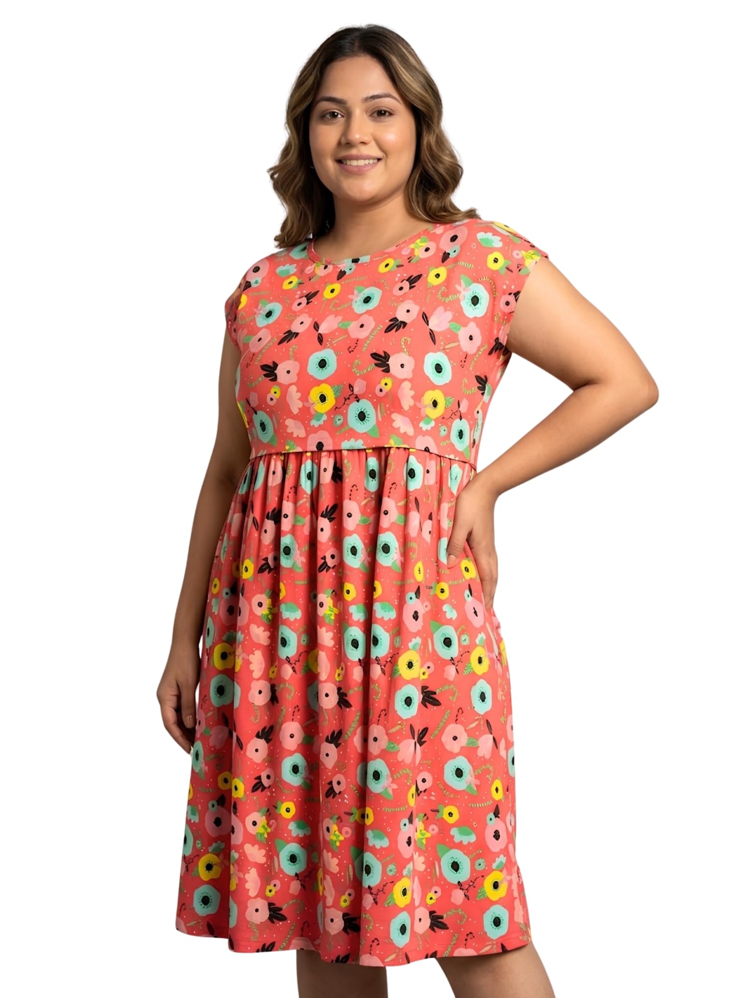 Women’s Zipless Feeding Maternity Dress | 95% Cotton 5% Elastane Nursing Dress for Women | Geometric Print Knee Length Pregnancy & Postpartum Dress with Pocket | Soft Casual Wear-image-7