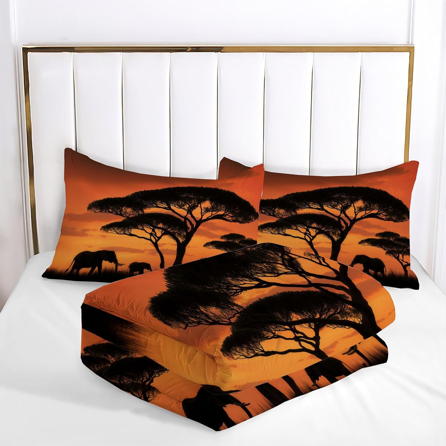 Grassland Scenery Comforter Set Twin Size, Elephant Sunset Print Breathable Bedding Set for Girls Boys Teens, Orange-Red Quilt Duvet with 2 Pillow Cases