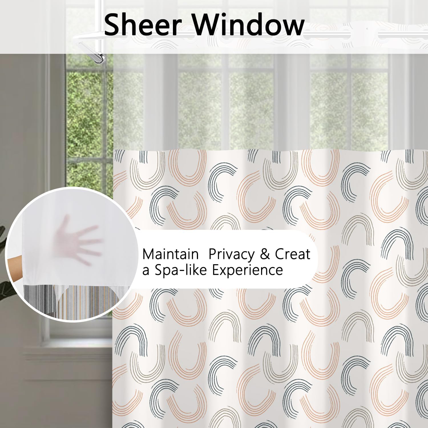 No Hook Shower Curtain with Snap in Fabric Liner Set - Modern Geometric Curve Design, Waterproof Double Layers with Beige & Blue Line for Bathroom Decor, See Through Top Window, 71x74 Inch