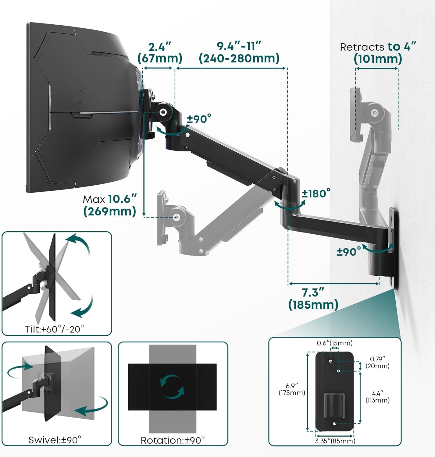 Monitor Wall Mount for 17-57-inch Screens - Heavy Duty Single Wall Mount Monitor Arm for Most Ultrawide Screens, Fully Adjustable, for Home & Office use, Max Load 44lbs, VESA 75 100 200 mm, Black