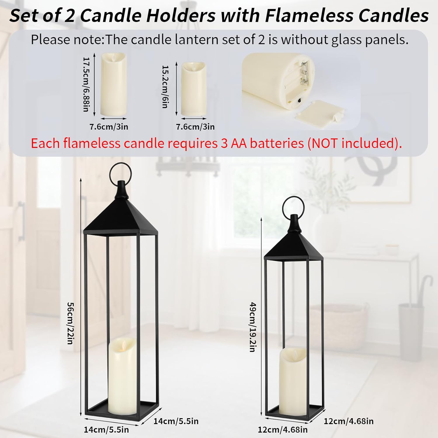 22" 19" Modern Farmhouse Candle Lantern Decor Set of 2 Large Black Metal Candle Lanterns with Flameless Candles, Lanterns Decorative Indoor for Fireplace Mantle Table Outdoor Lanterns for Patio Porch