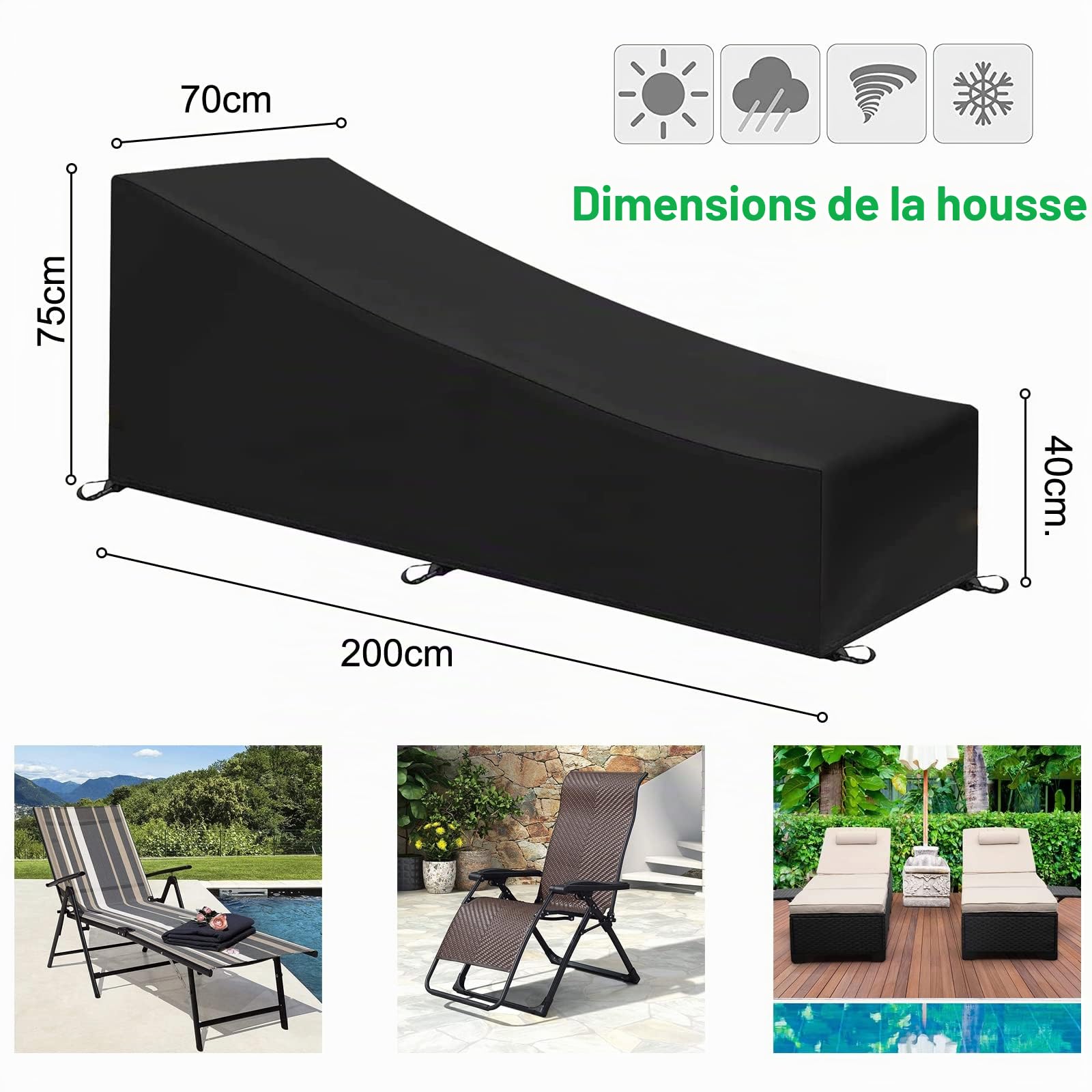 Lot de 2 housses de protection pour chaise longue de jardin 200 x 70 x 40/75 cm - En tissu Oxford 210D - Pour chaise longue