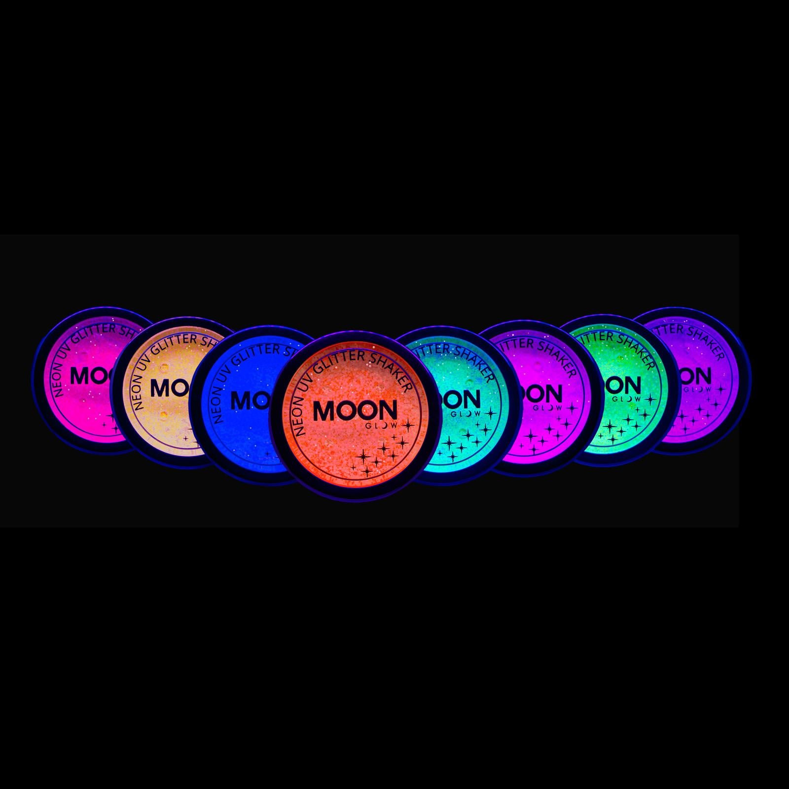 Moon Glow Agitador de purpurina UV de neón 5 g, juego de 8 + gel fijador de purpurina - ¡Brilla intensamente bajo la luz UV!