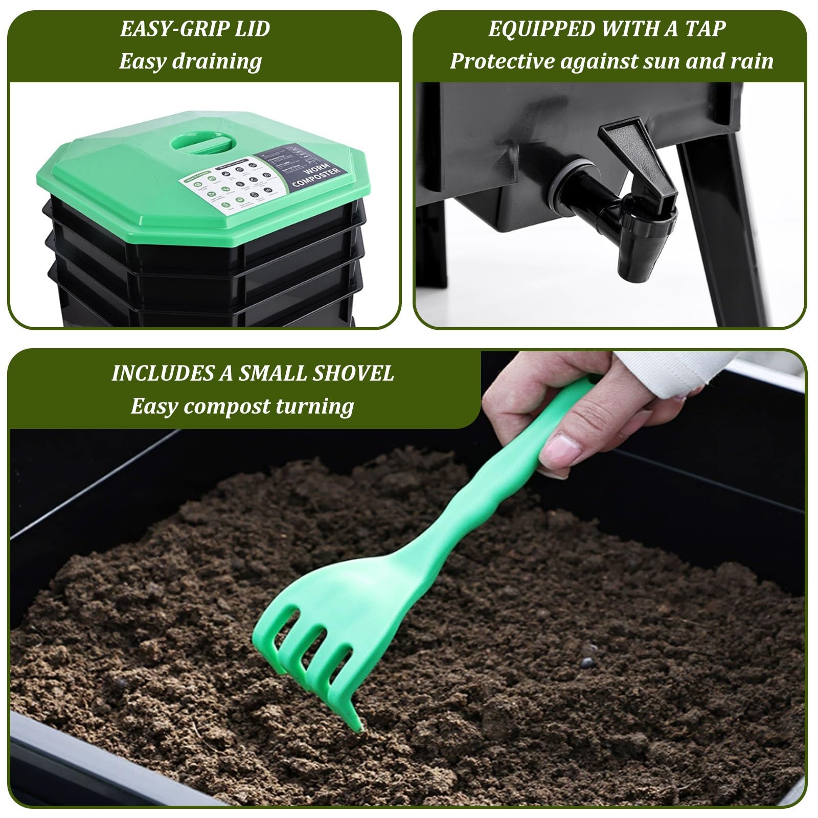 Cubo de basura para compostaje de gusanos de 80 L, 5 bandejas para reciclaje de residuos de alimentos al aire libre con sistema de drenaje eficiente para jardinería sostenible