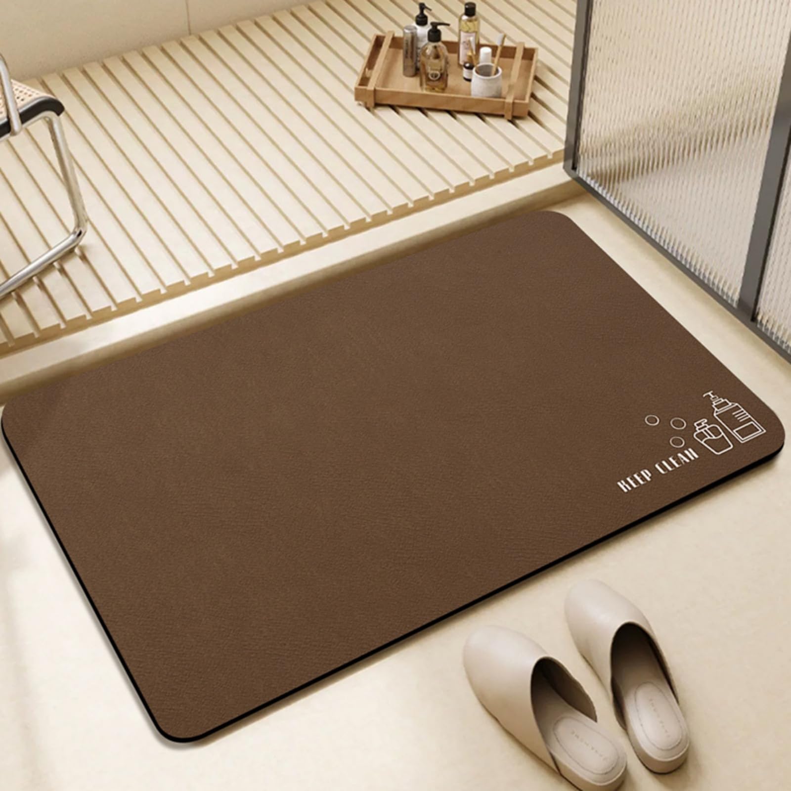 Quick Dry Bath Mat Non Slip Anti Mould, Diatom Mud Bathroom Shower Floor Mat, Absorbent Non Slip Thin Rubber Backing Ultra Thin Bathroom Rug Fit Under Door (Brown, 45 * 70 cm)