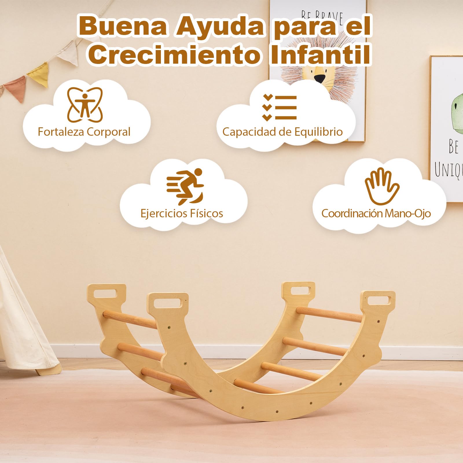 GOPLUS 3 en 1 Triángulo de Escalada para Niños, Arco de Escalada de Doble Cara con Cojín, Arco Montessori con Asideros Convenientes y Diseño Antivolteo, Carga 50KG, para Niños de 1+ Años (Natural)