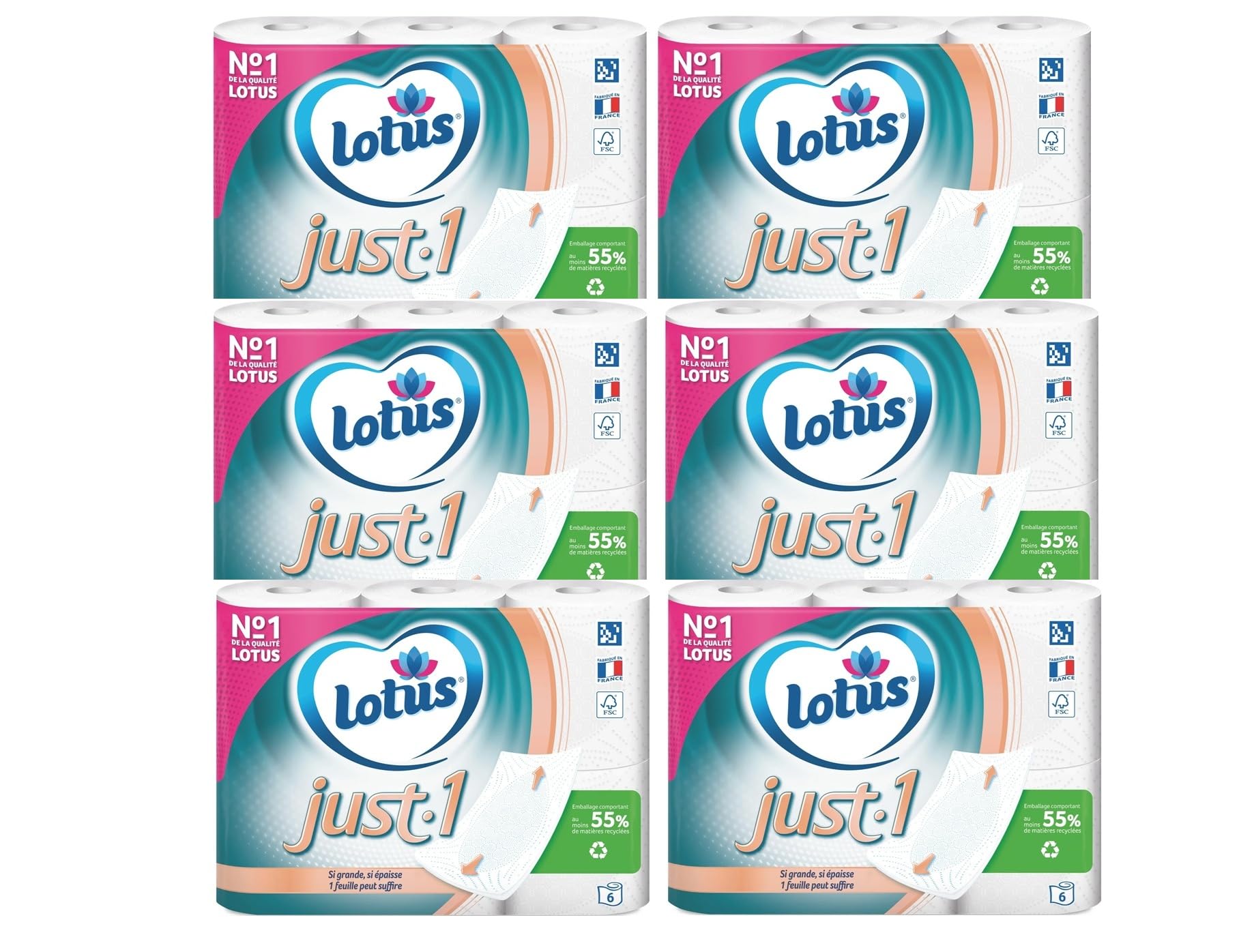 Lotus Just 1, carta igienica bianca, 6 rotoli, ultra morbida, di alta qualità, confezione da 6