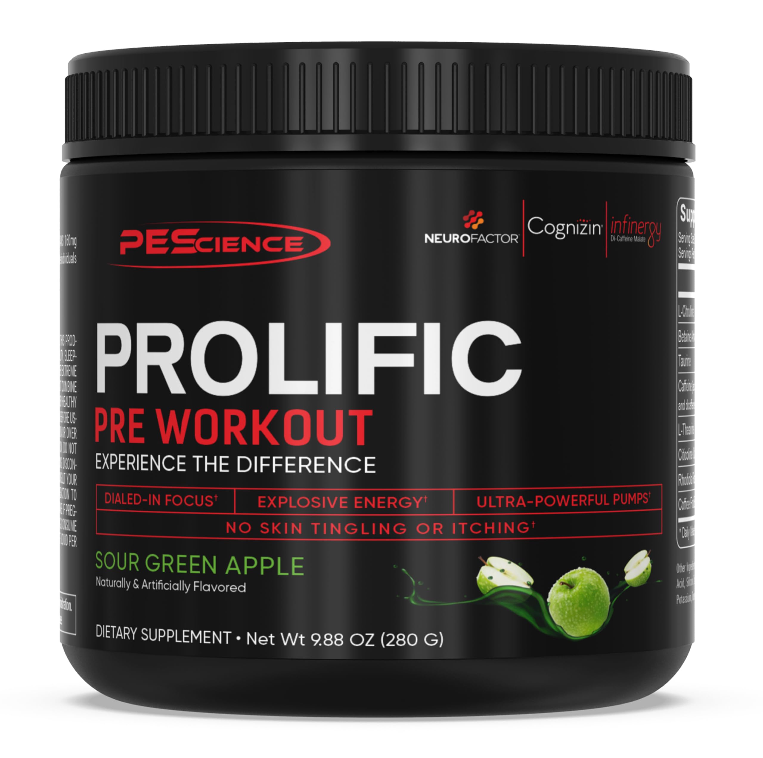 Prolific Pre Workout Powder, Sour Green Apple, 40 Scoop, Energy Supplement with Nitric Oxide