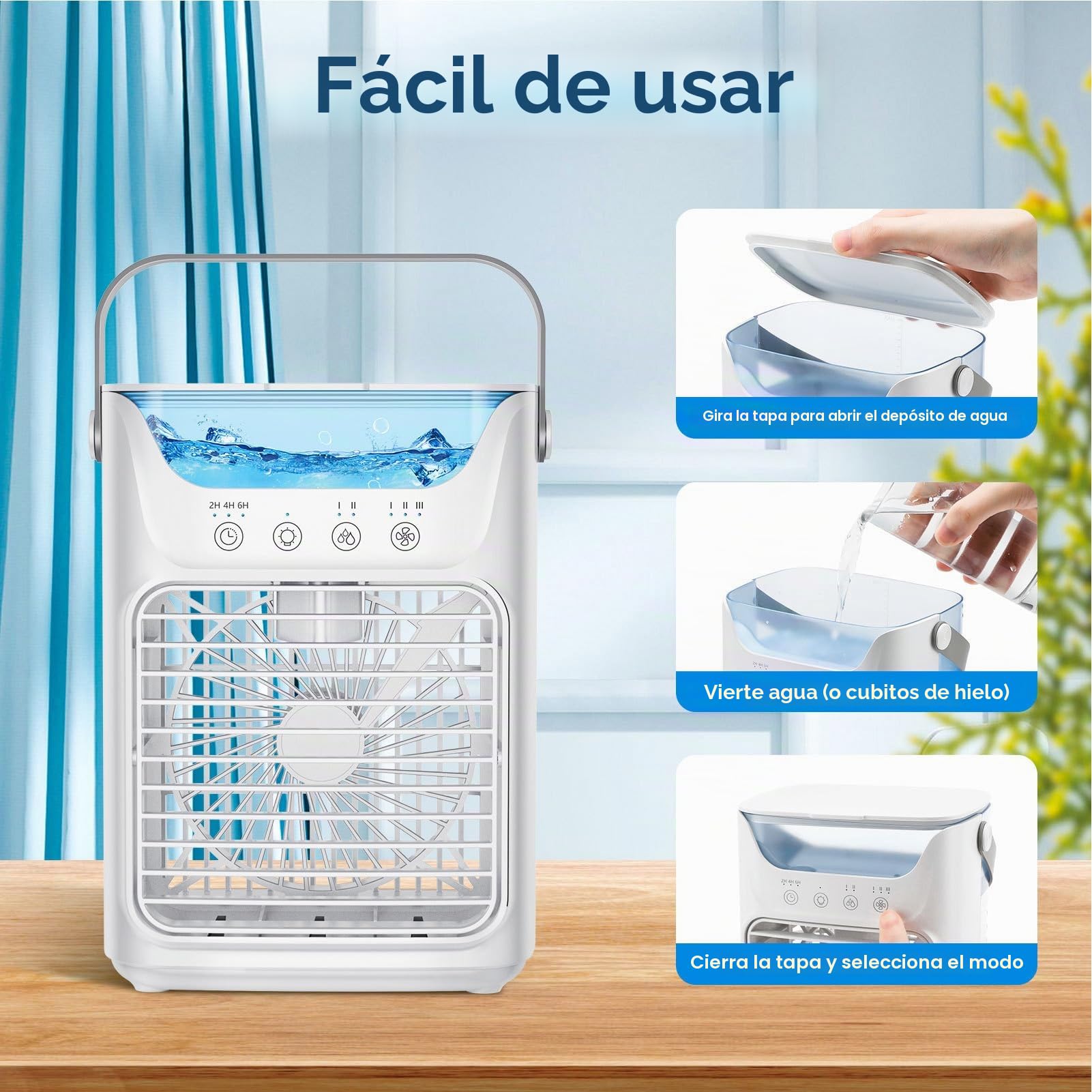 Ventilador de Aire Acondicionado Portátil 4 en 1, Mini Ventilador Enfriador de Aire Evaporativo de 700 Ml con Pantalla Táctil, Humidificación de 3 Velocidades y 7 Luces LED,