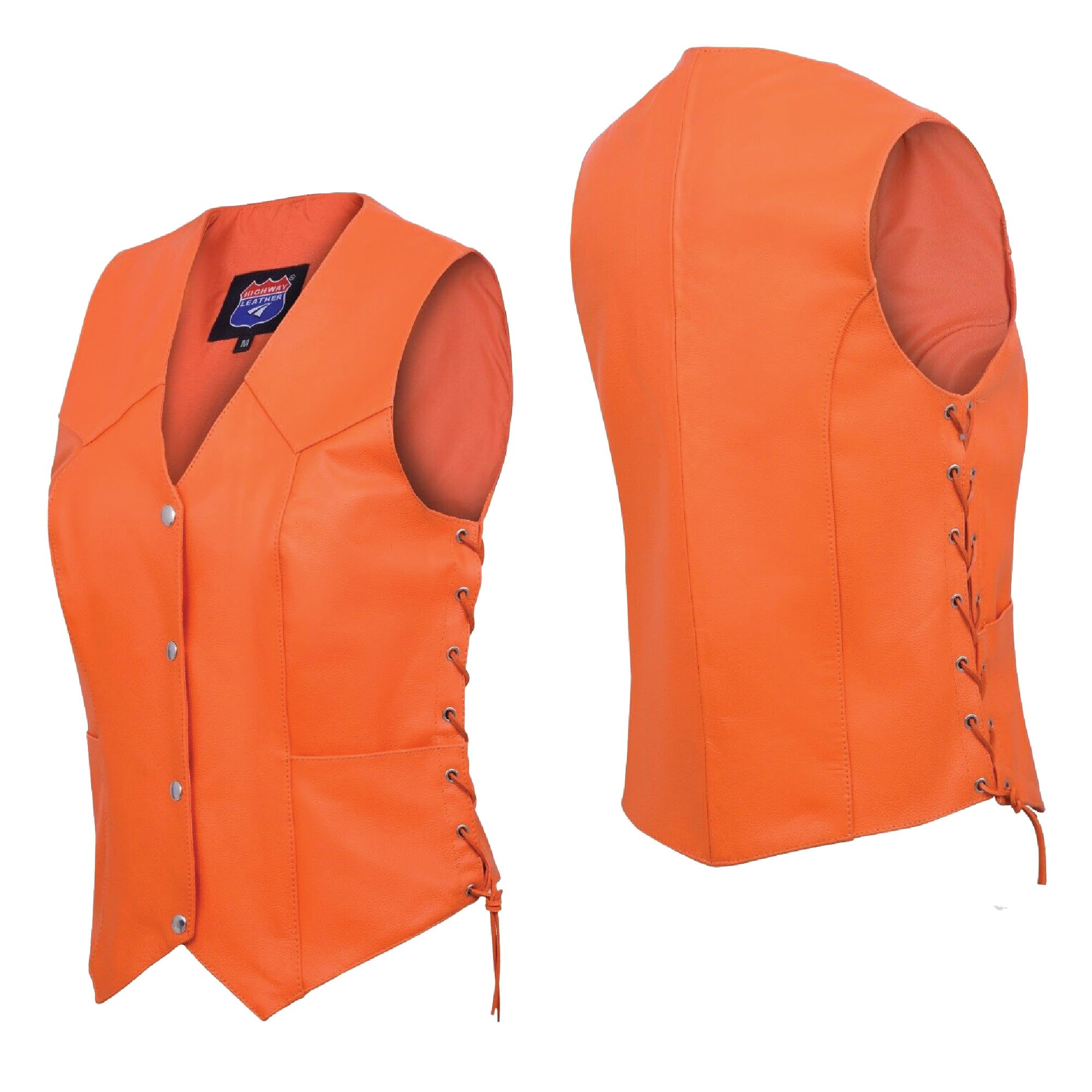Orange Leather Womens Motorcycle Vest Snap Front Side-Lace Adjustable Biker Waistcoat with Pockets V-Neck Sleeveless