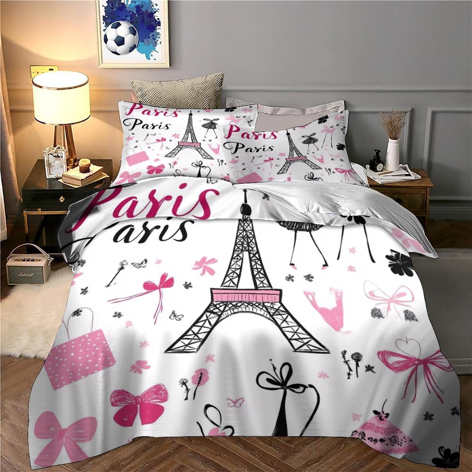 Stampa 3D Paris Eiffel Tower Copertura per letto Biancheria per letto Con federa Confortevole Cartoon Paris Decor Fodera copriletto Antiacaro per giovani single coppie Super king（260x220cm）