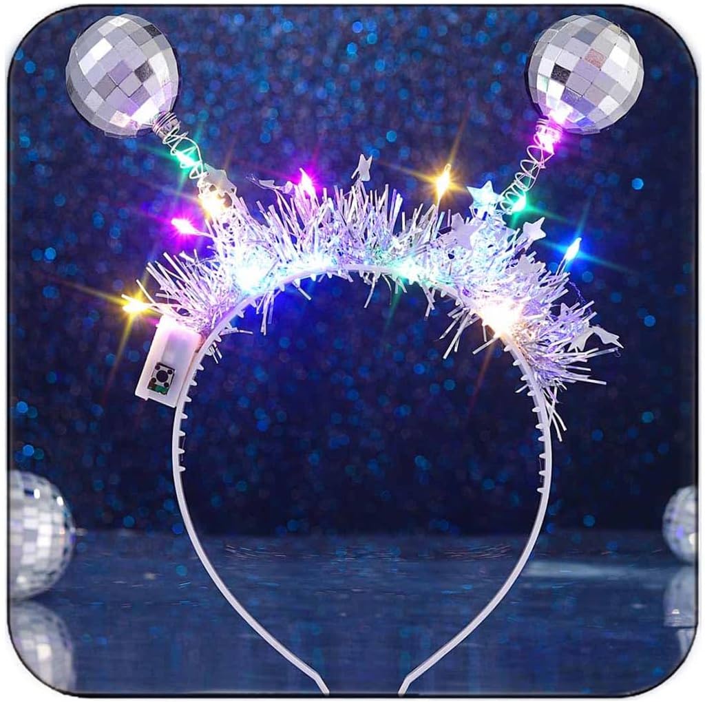 DRESBE Light Up Disco Ball Headband Silver LED Alien Headbands Glow Party Hair Accessories for Women
