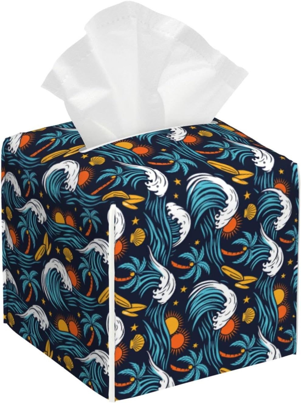 Universal Wave Palm Tree Sun Shell Surfboard Star Seamless Pattern Square Tissue Box Covers, Lightweight Nightstand Dispensers for Bedside Vanity Work, Dual-Layer Leather Automotive Tissue Holders