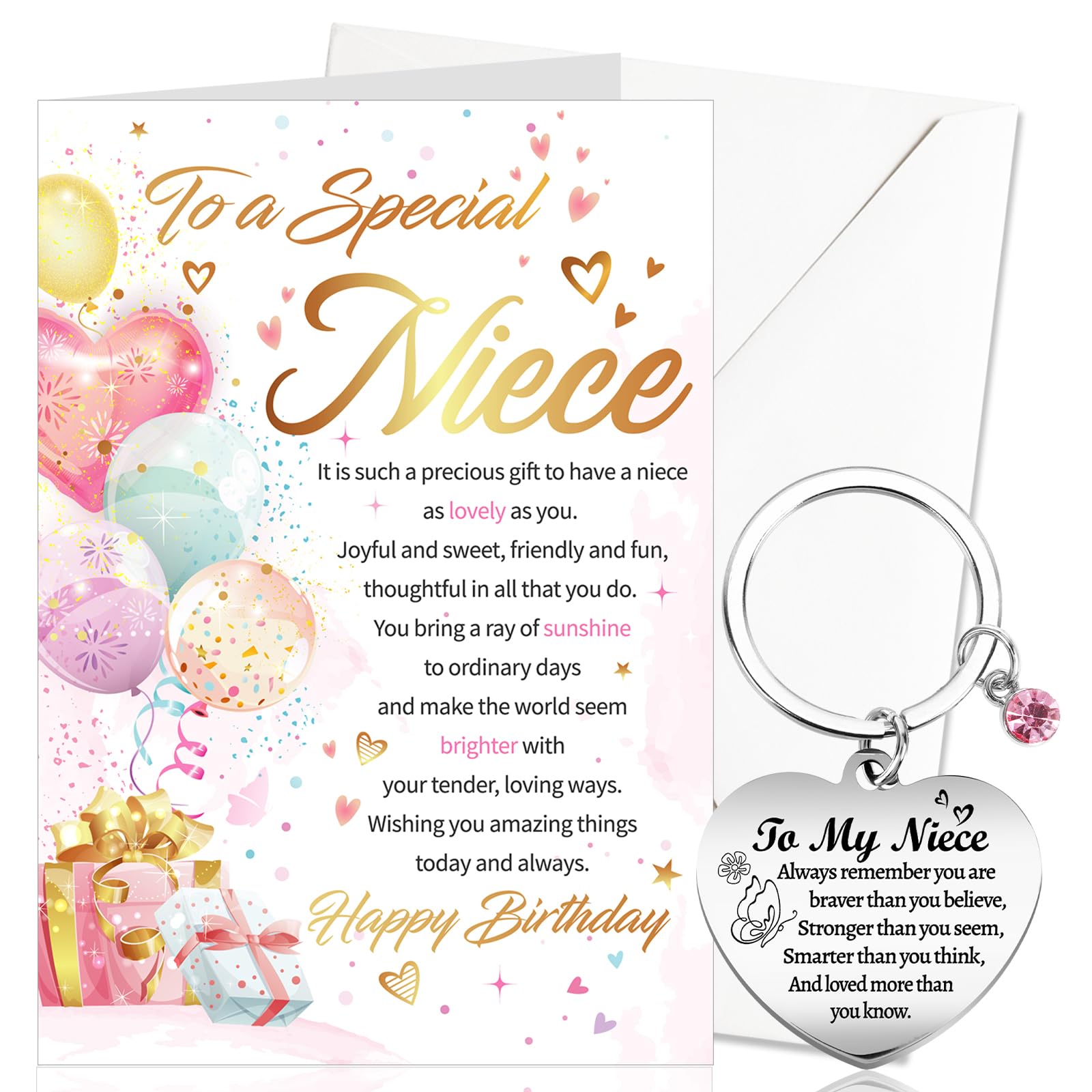 DPKOW Niece Birthday Card Gifts, B-Day Keyring Keychain B-Day Greeting Card with Envelope, Happy Birthday Gifts for Niece from Aunt Uncle