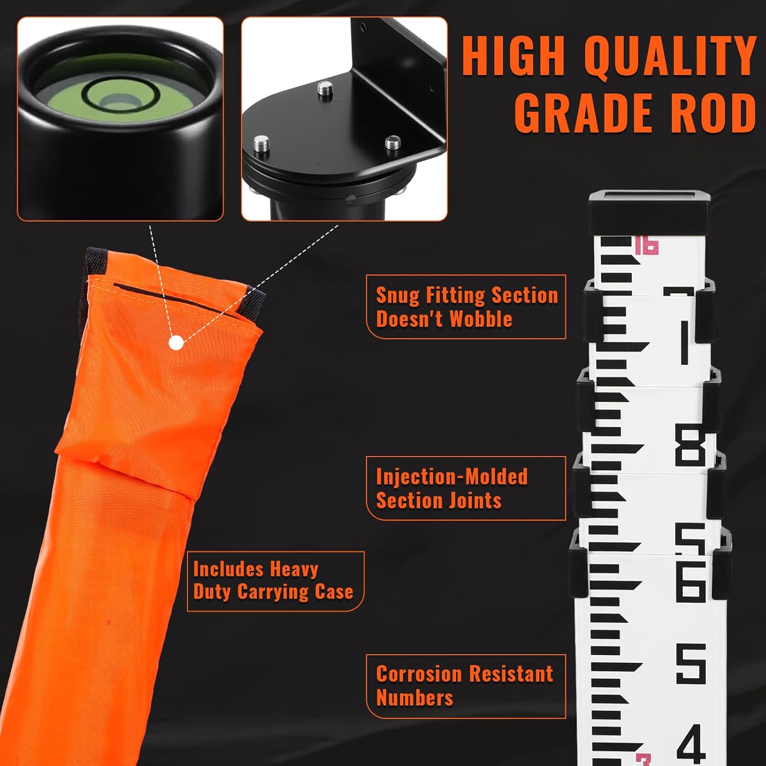 LEIFIDE 16 Foot Aluminum Grade Rod 10ths 5 Sections Telescopic Laser Level Pole with Bubble Level Carrying Case Double Sided Scale Leveling Measuring Stick for Houses Walls Floors Surveying Equipment