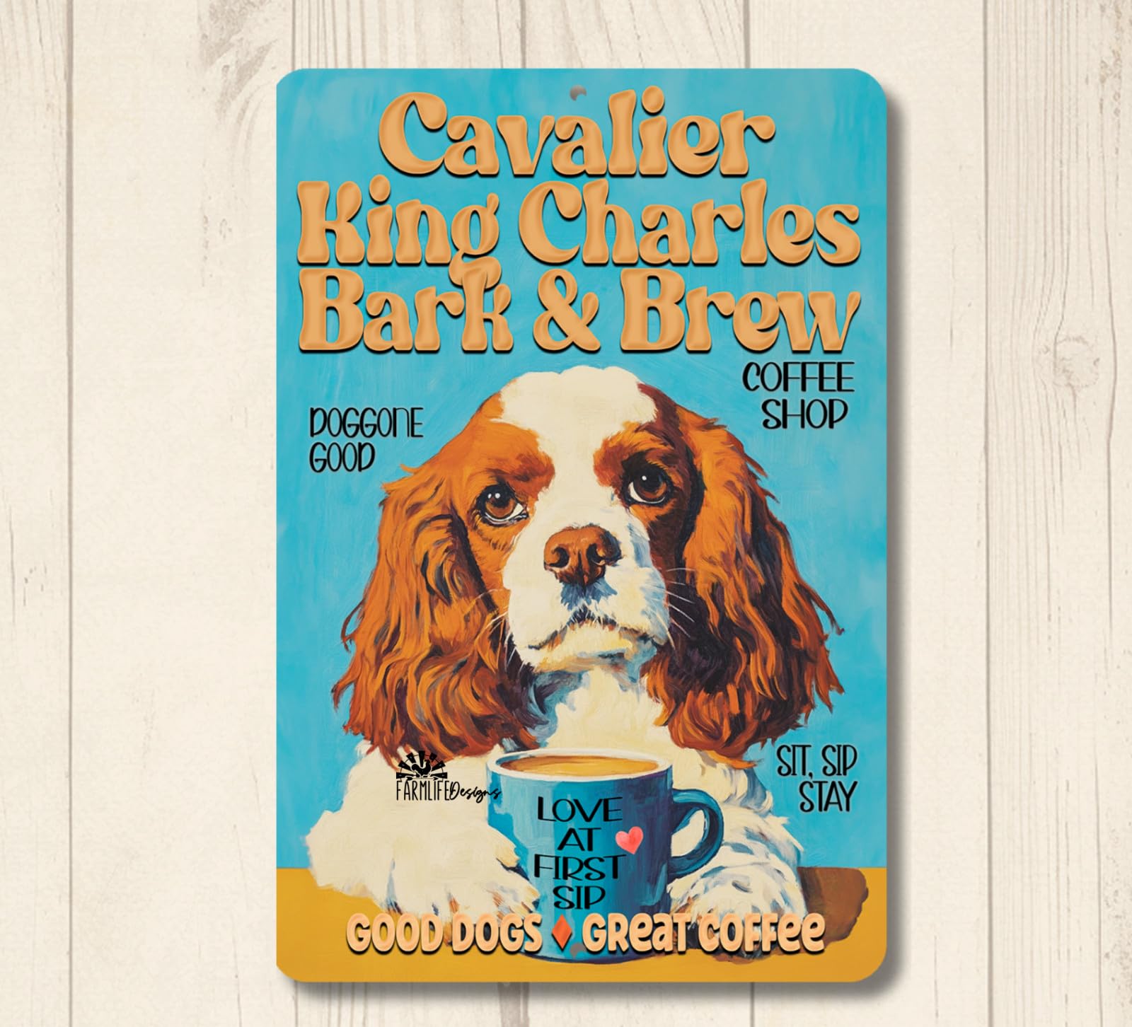 Cavalier King Charles Dog Coffee Bar Sign Bark & Brew kitchen funny metal tin home decor
