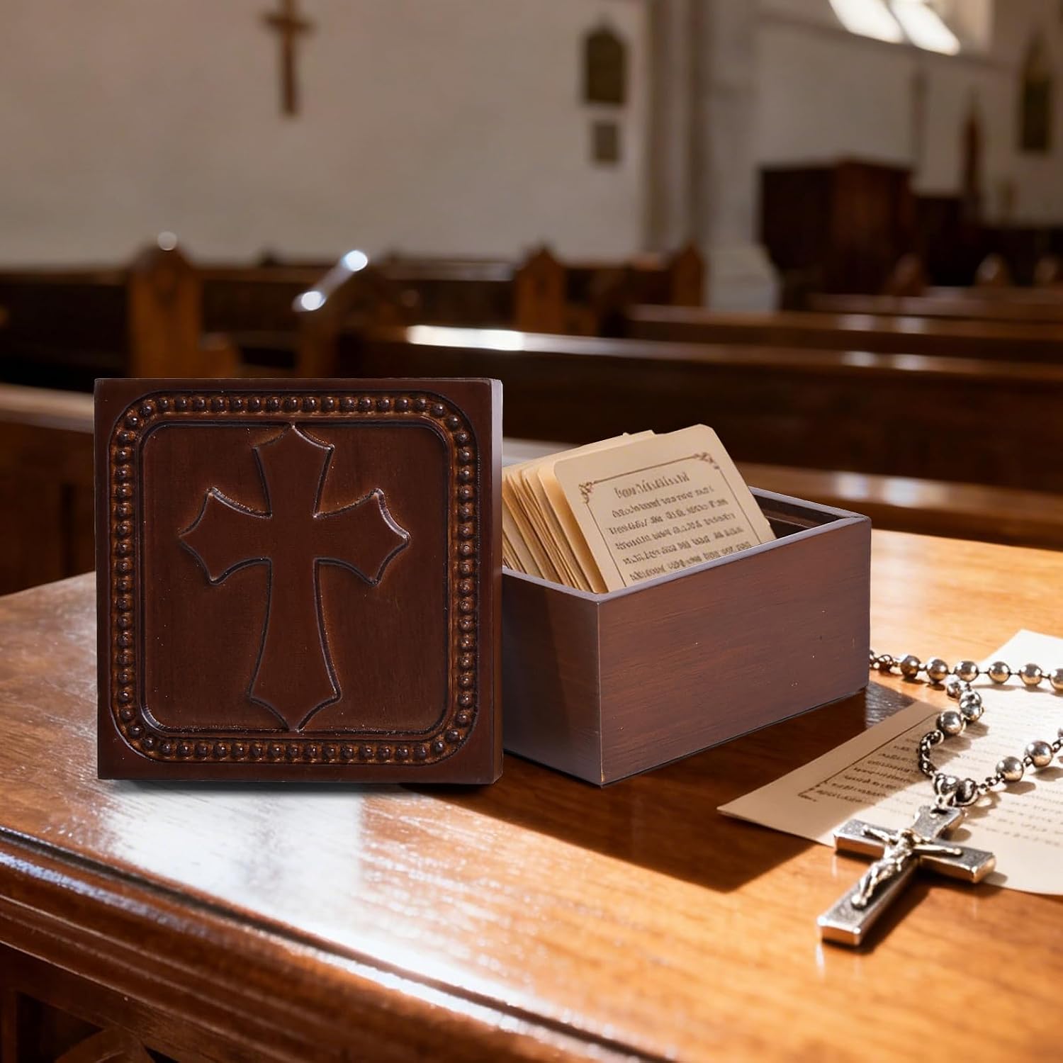 Wooden Cross Prayer Keepsake Box of Christian, Rosary Box for Religious Jewelry, Hand-Carved Catholic Rosary Holder Boxes Gifts for Women & Men, Baptism Communion Memorial Sympathy Gifts, No Card image 2