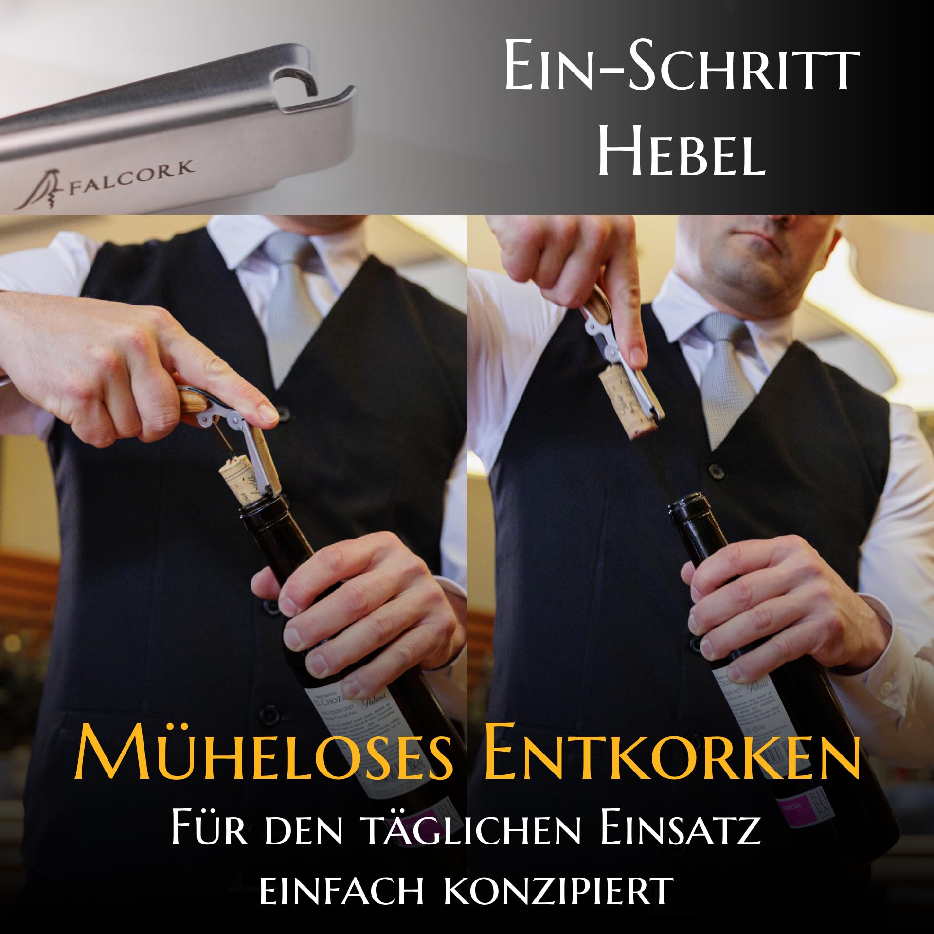Kellnermesser für Profis FALCORK® 144 Effizienz – Ein-Schritt-Korkenzieher & Flaschenöffner für Intensiven Einsatz in der Gastronomie mit Optimal Markierter Helix & Glattem Griff aus Natur-Olivenholz