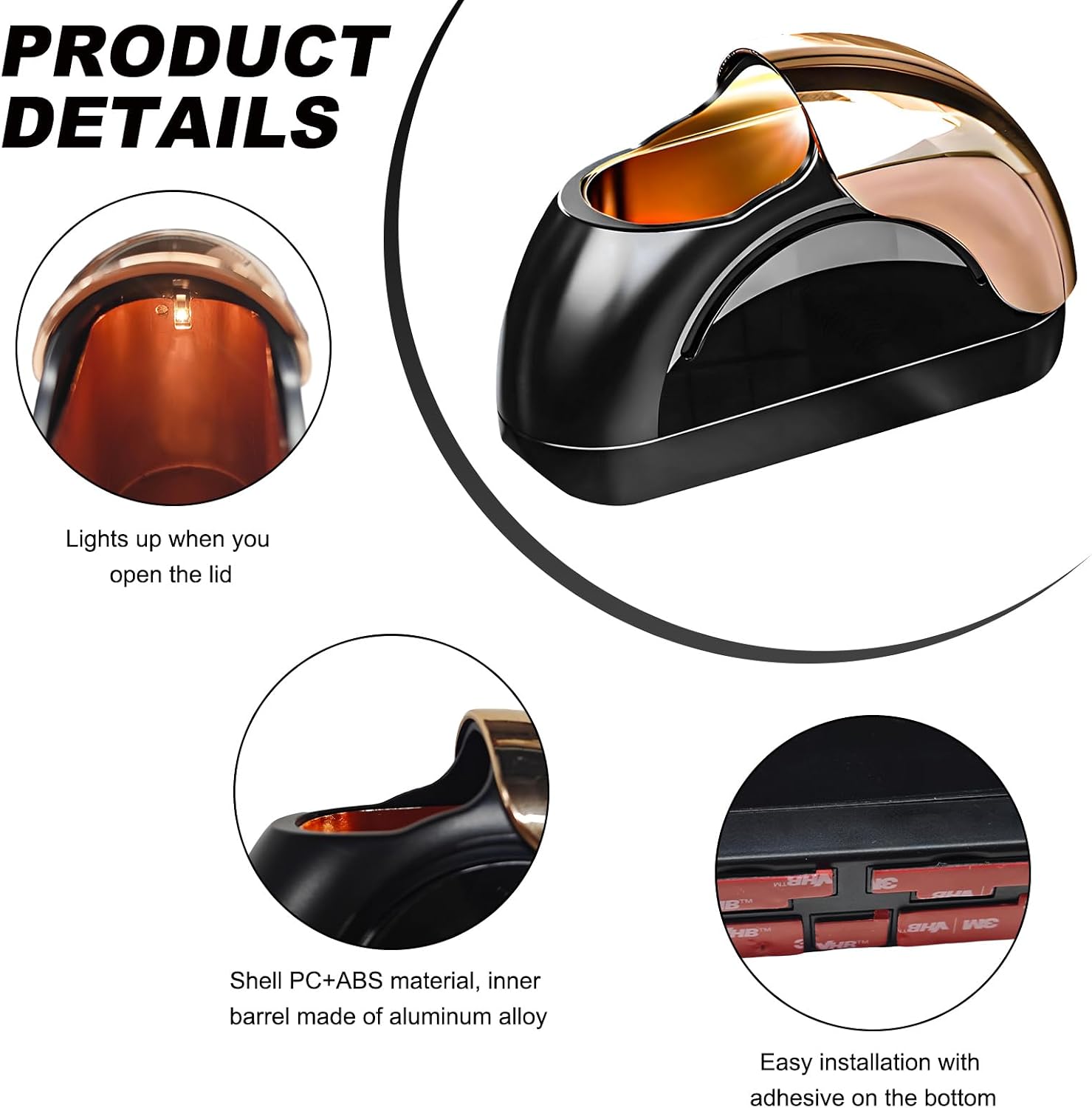 Wevdn Car Ashtray with Lid, Portable Smokeless Automotive Ashtray with LED Light, Windproof, Modern Style, Black & Golden image 3