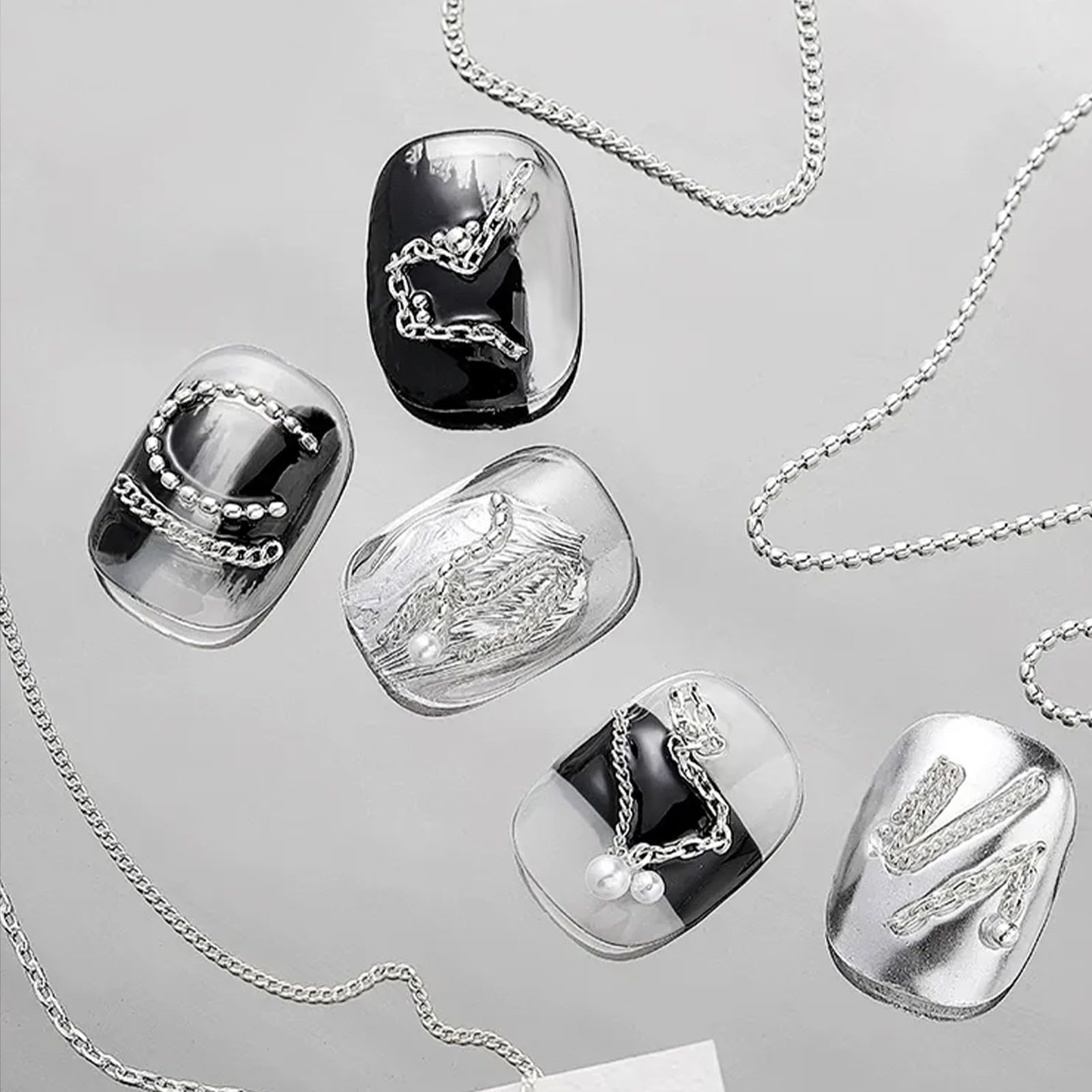 NICENEEDED 12 Bandes de Chaînes à Clous 3D pour Bijoux Chaînes à Ongles Or Argent Gris Foncé Accessoires de Nail Art en Métal avec Boîte pour Décoration de Manucure DIY