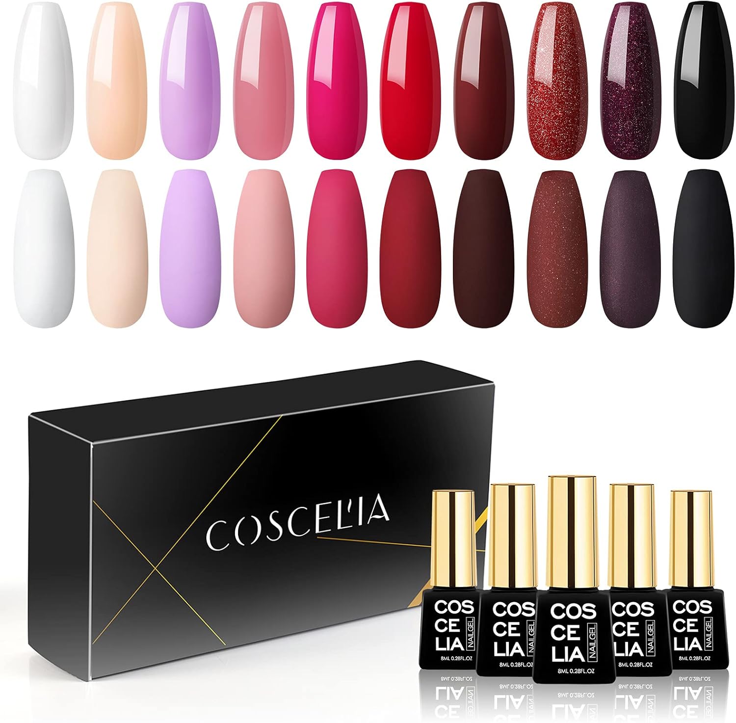 COSCELIA Gel Nail Polsh Kit 10 Colors Gel Nail Polish Set Pink Red