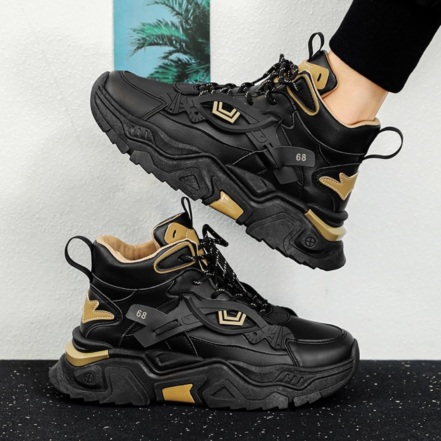 Netehadi Men's High Top Fashion Leather Chunky Sneakers Casual Platform Non-Slip Athletic Street Walking Driving Tennis Shoes - Image 2