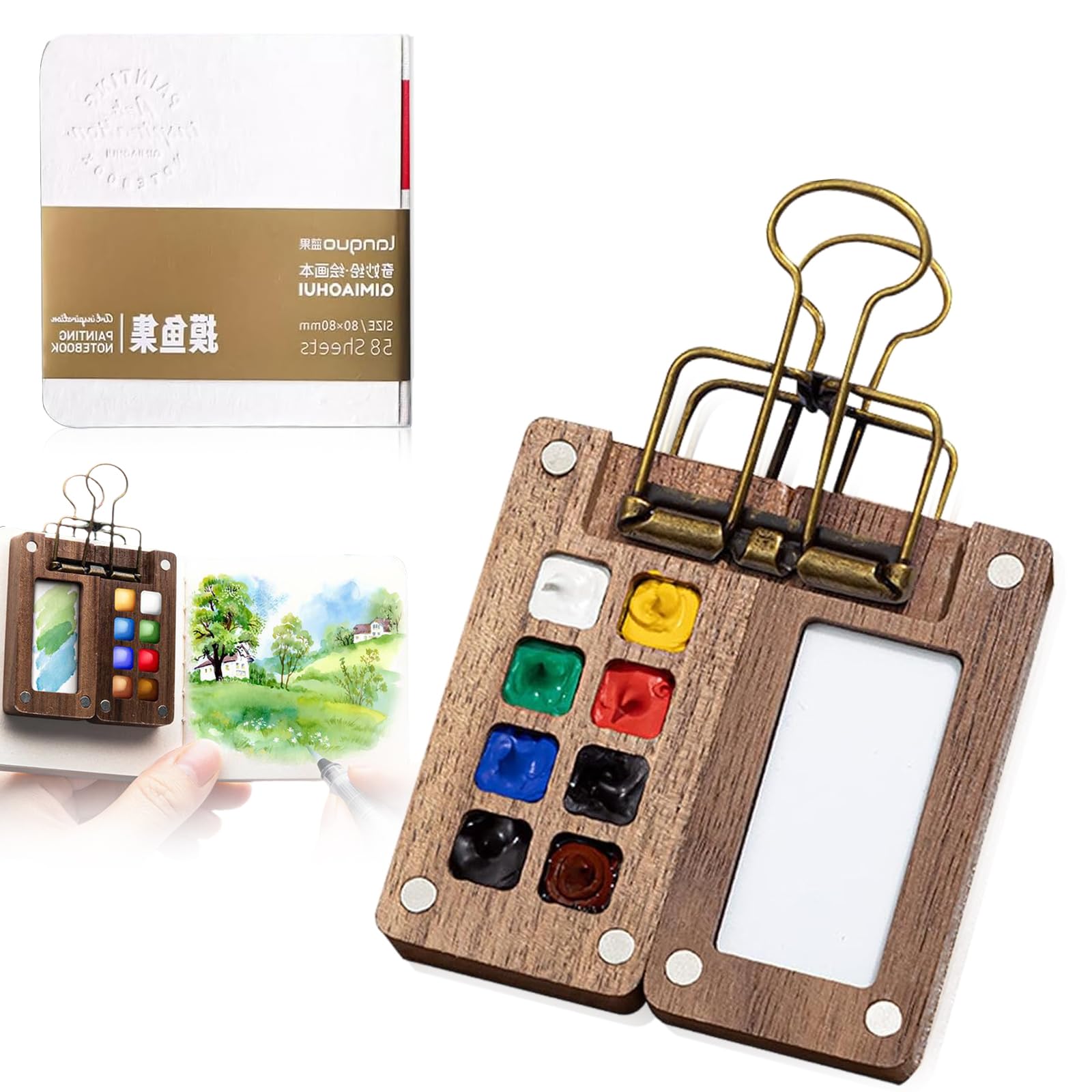 Lzydkh Walnut Pocket Artist Watercolour Travel Set, Wooden Travel Paint Palette With Metal Clip Portable Palette With 8 Grids Mini Sketchbook Travel For Painters And Artists