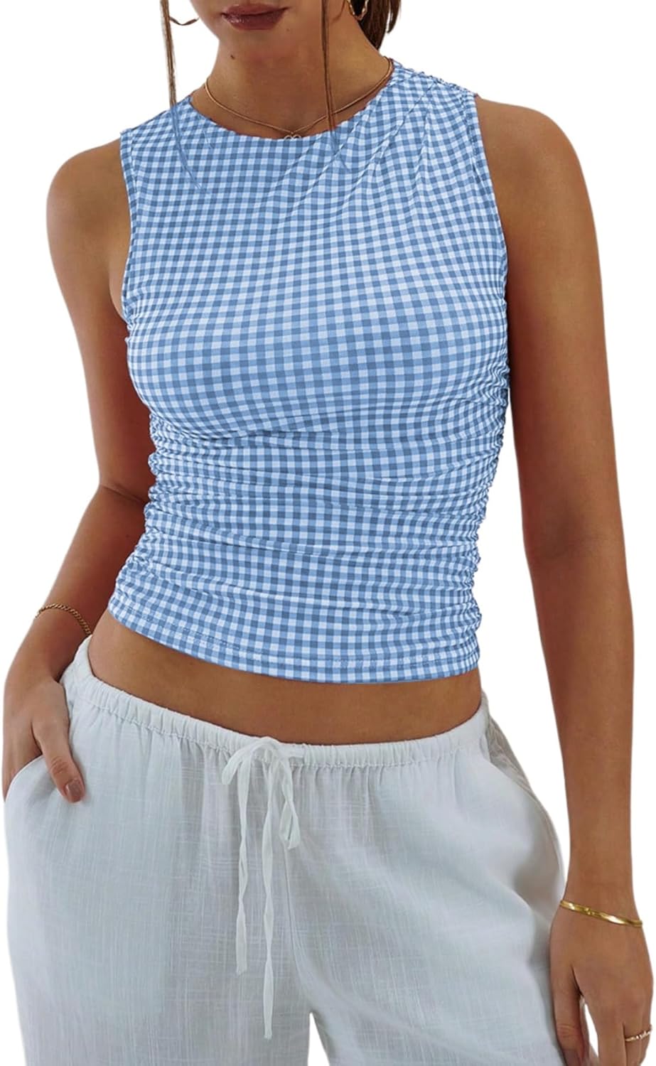 Milumia Women's Gingham Top Sleeveless Ruched Fitted Tank Tops Going Out Y2k Coquette Clothes